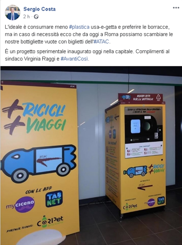 A Roma biglietti metro riciclando bottiglie di plastica