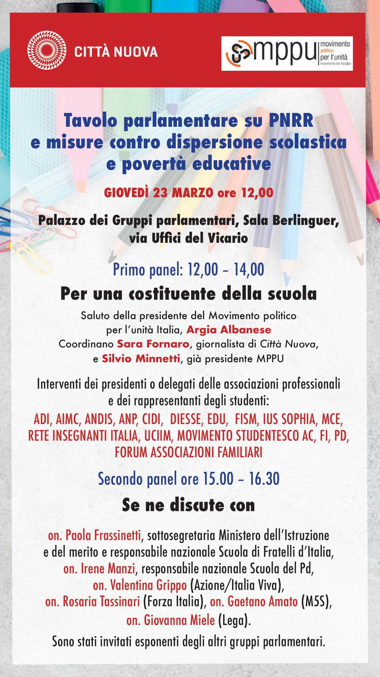 Tavolo parlamentare sulla scuola promosso da Città Nuova e Mppu Italia per discutere di povertà educative e dispersione scolastica