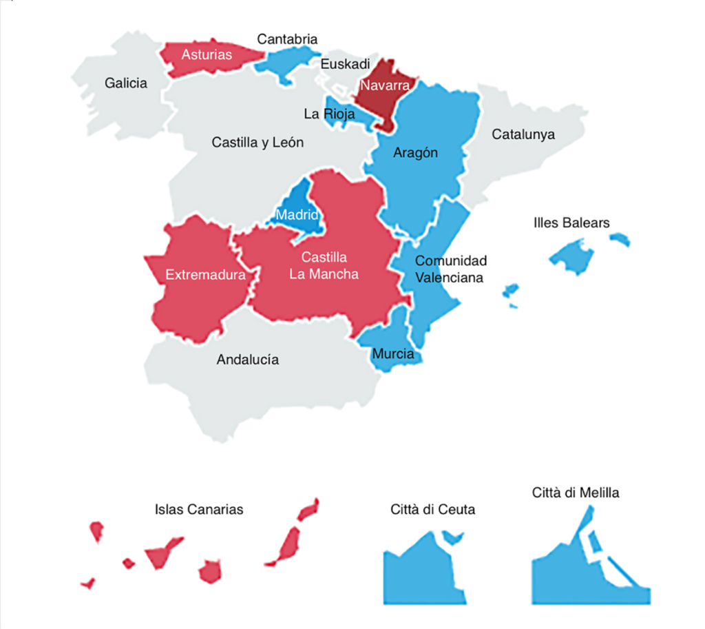 Mappa del voto in Spagna (Comunità autonome in cui si sono svolte elezioni del 28 maggio. In azzurro quelle dove il Partito popolare ha ottenuto più voti. In rosso quelle dove il Partito socialista ha la maggioranza. In Navarra ha vinto un partito regionale).