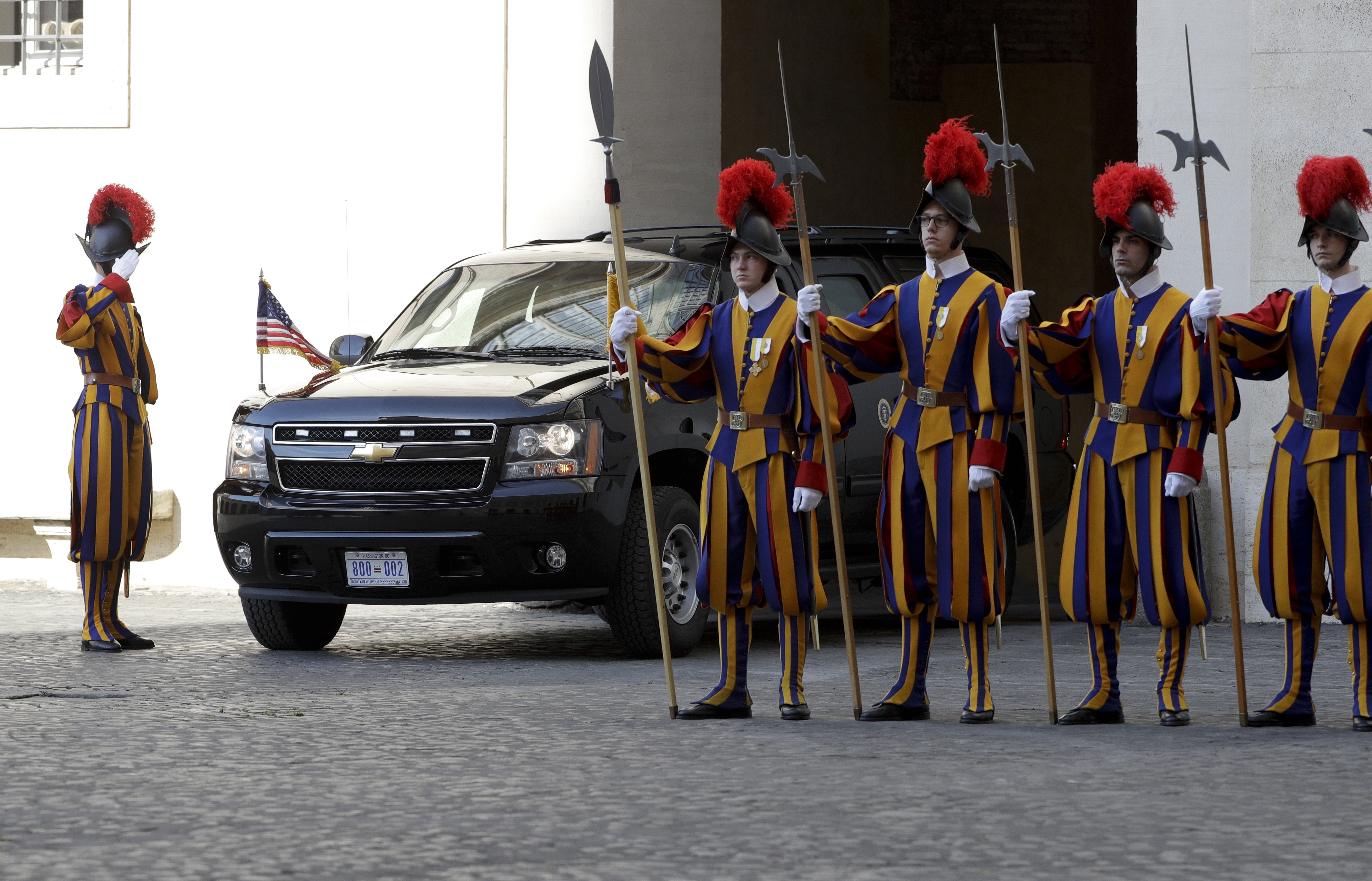 President Donald Trump's car arrives at the San Damaso courtyard for his private audience with Pope Francis, at the Vatican, Wednesday, May 24, 2017. (AP Photo/Gregorio Borgia)
