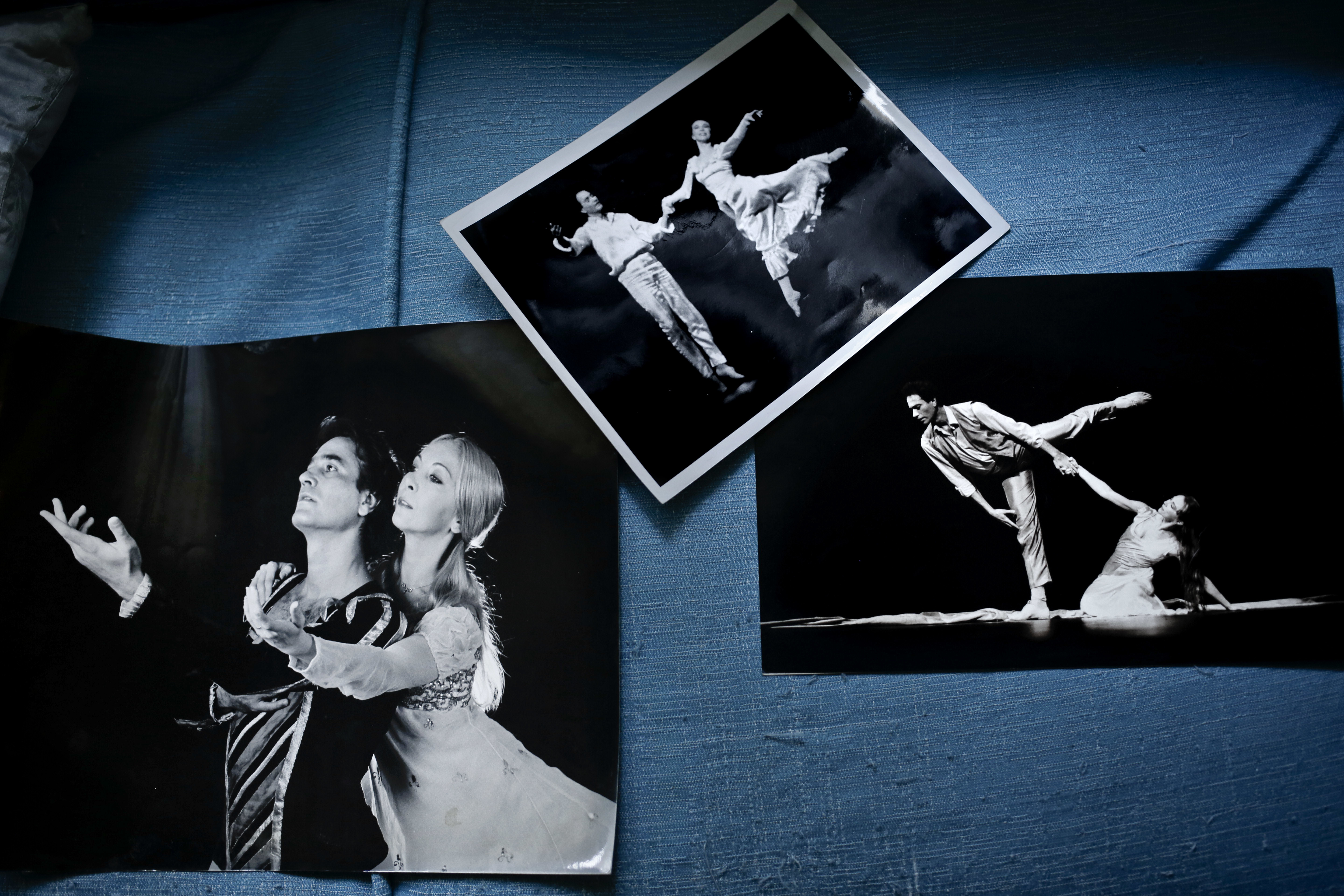 This April 14, 2017 photo, shows a display of old photographs of the late Abdel-Moneim Kamel and his wife Madame Erminia Gambarelli, the current artistic director of Egypt’s national ballet company, at their apartment in Garden City, Cairo, Egypt. Kamel, the giant of Egyptian ballet who rebuilt the company in the 1990s, mentored many of its current dancers and died in 2013. The national ballet company is rebuilding after years of political turmoil and economic pain. (AP Photo/Nariman El-Mofty)