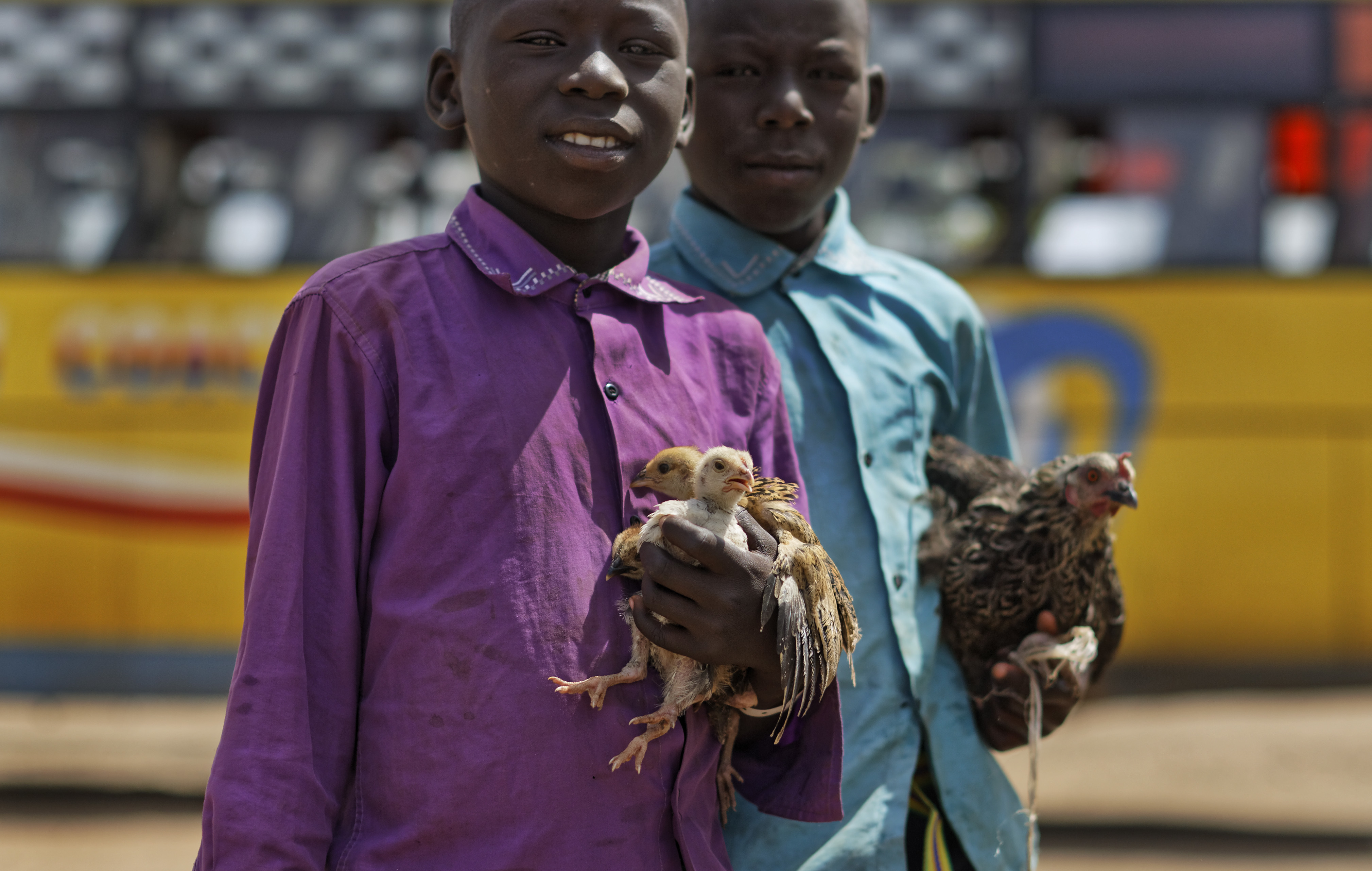 Two young South Sudanese refugee boys hold the chickens they brought with them, as they depart a bus bringing them to the Imvepi reception centre, where newly arrived refugees are processed before being allocated plots of land in nearby Bidi Bidi refugee settlement, in northern Uganda, Tuesday, June 6, 2017. Bidi Bidi is a sprawling complex of mud-brick houses that is now the world's largest refugee settlement holding some of those who fled the civil war in South Sudan, which has killed tens of thousands and driven out more than 1.5 million people in the past three years, creating the world's largest refugee crisis. (AP Photo/Ben Curtis)