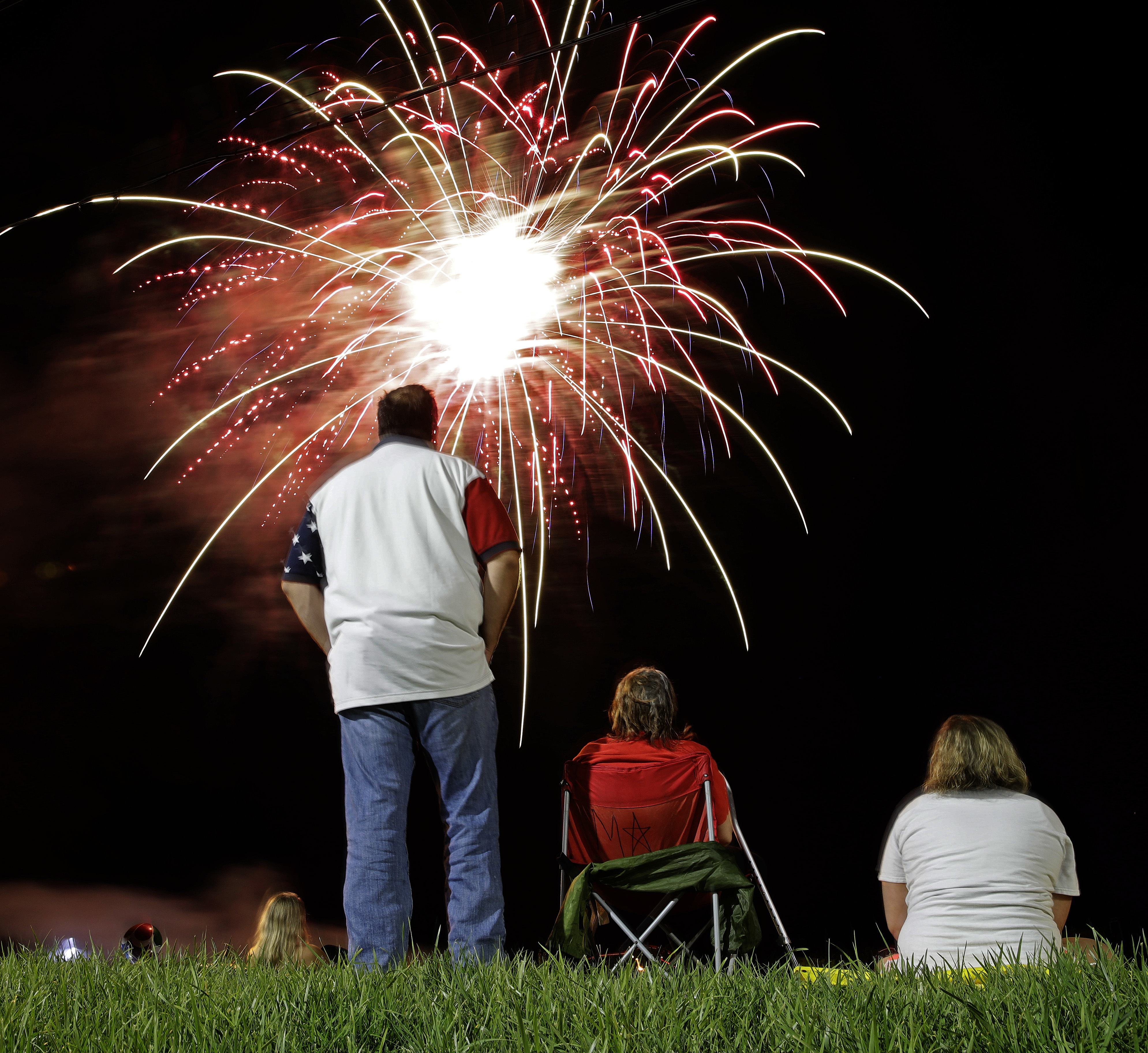 People watch a fireworks display for Independence Day at Worlds of Fun amusement park Monday, July 3, 2017, in Kansas City, Mo. (AP Photo/Charlie Riedel)