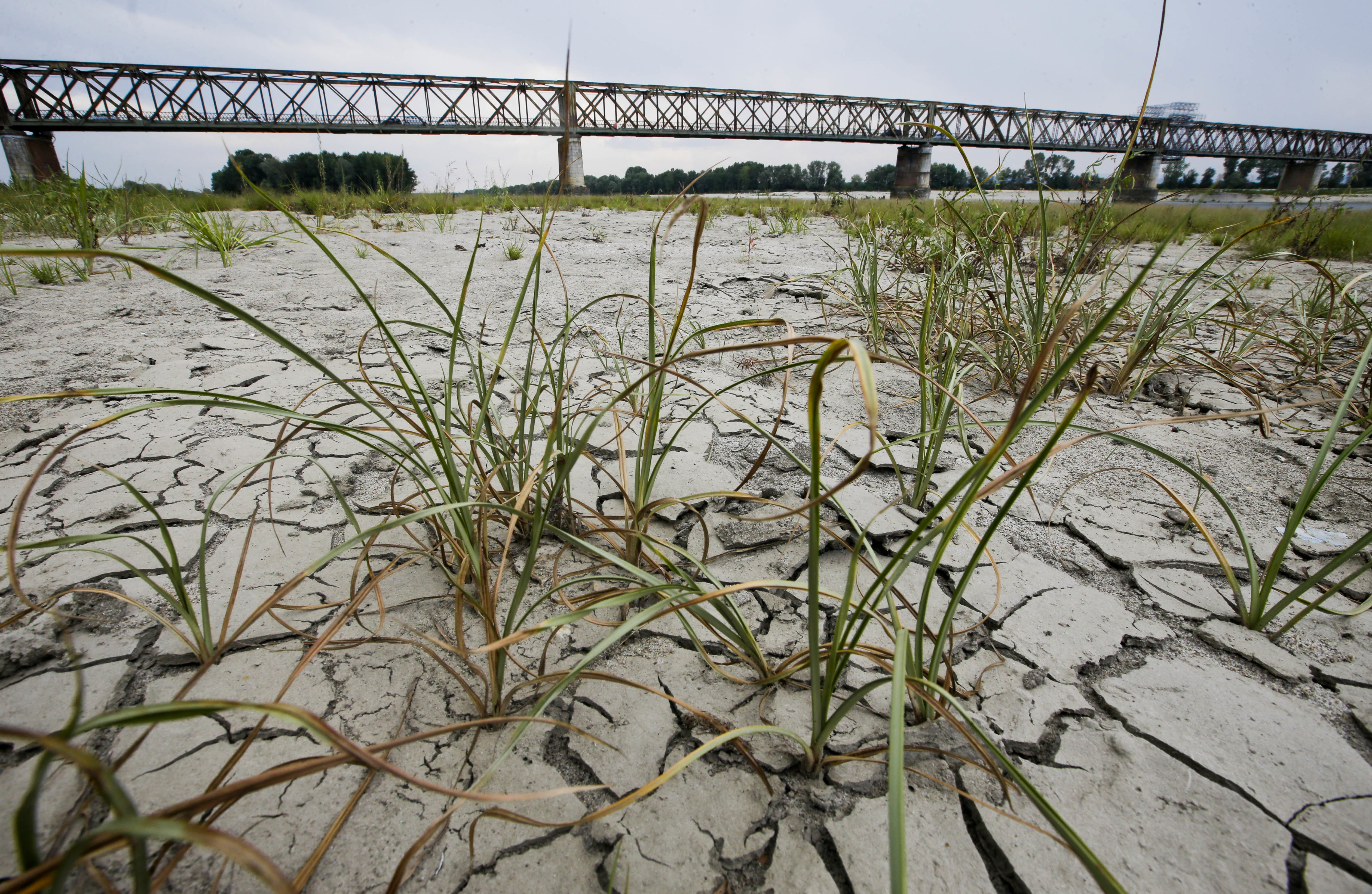 A view of the Ponte della Becca (Becca bridge) shows low water levels across the Po river, near Pavia, Italy, Monday, July 24, 2017. Sky TG24 TV meteorologists noted on Sunday that Italy had experienced one of its driest springs in some 60 years and that some parts of the country had seen rainfall totals 80 percent below normal. (AP Photo/Luca Bruno)