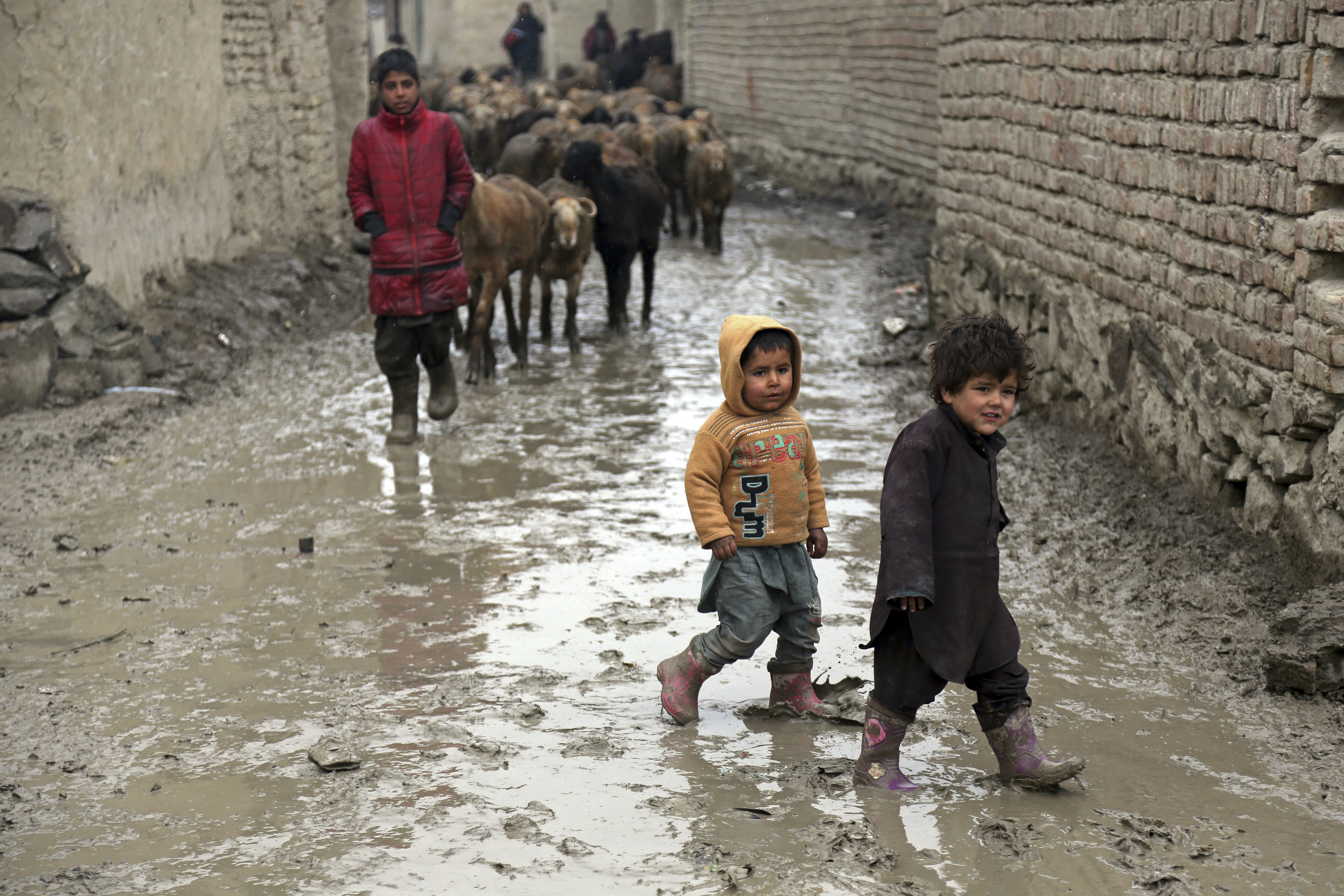 Afghan children walk on a muddy street in Kabul, Monday, Feb. 12, 2018. (AP Photo/Rahmat Gul)