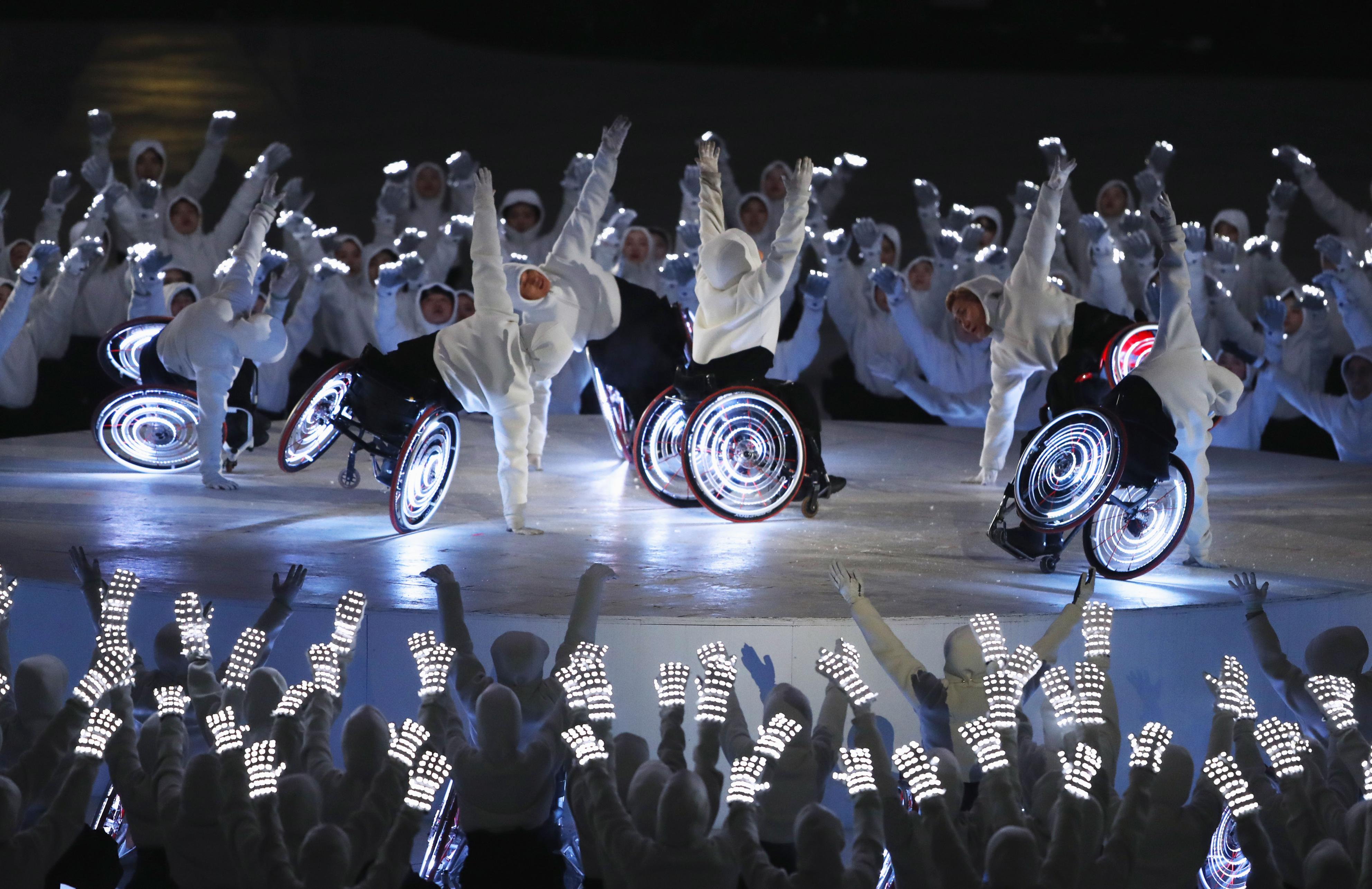Performers take part in the opening ceremony of the Pyeongchang Winter Paralympics at the Pyeongchang Olympic Stadium in South Korea on March 9, 2018. (Kyodo)
==Kyodo