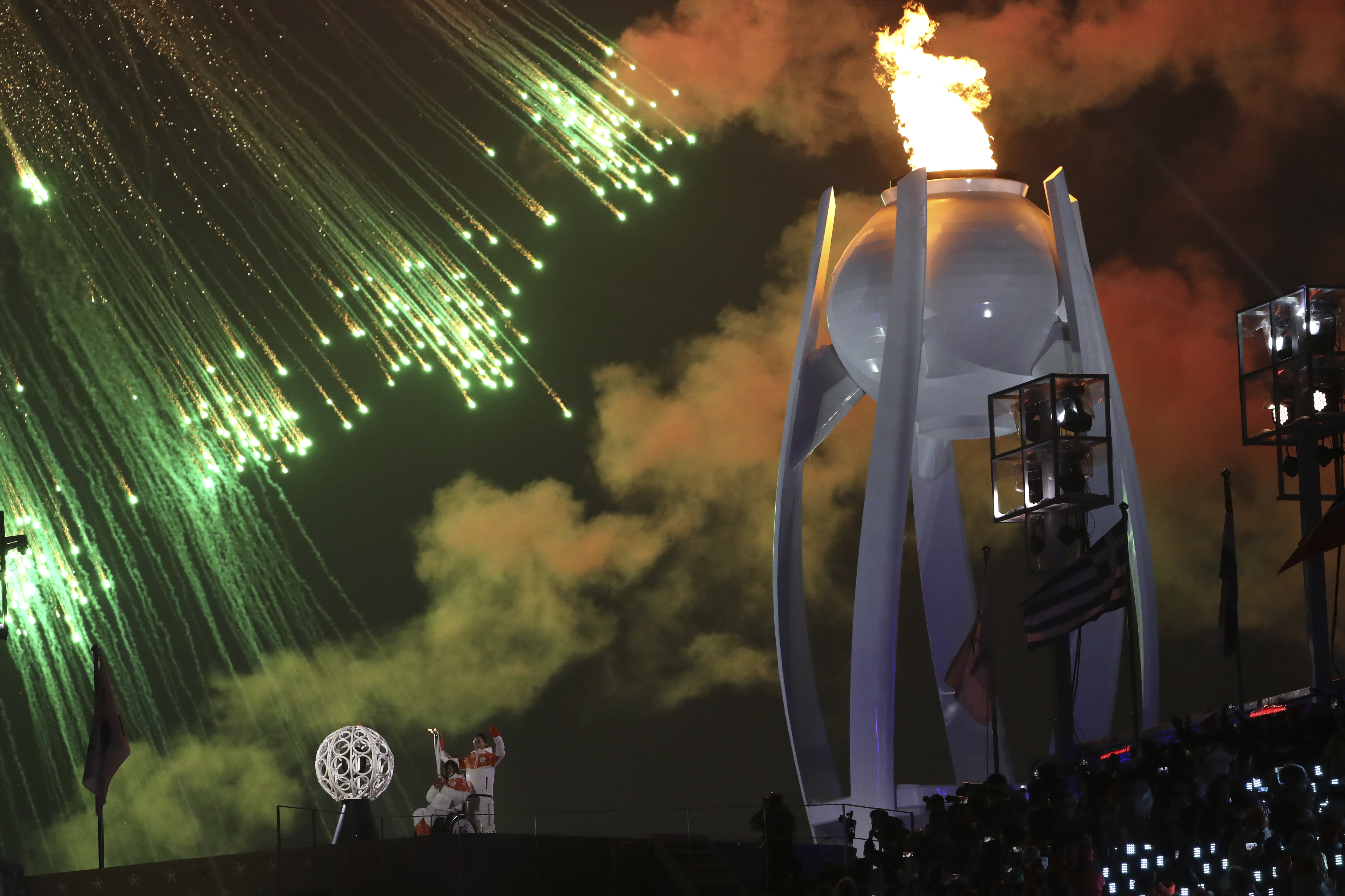 The Paralympic Cauldron is lit during the opening ceremony of the Pyeongchang 2018 Winter Paralympic Games at the Pyeongchang Stadium in Pyeongchang, South Korea, Friday, March 9, 2018. (AP Photo/Ng Han Guan)