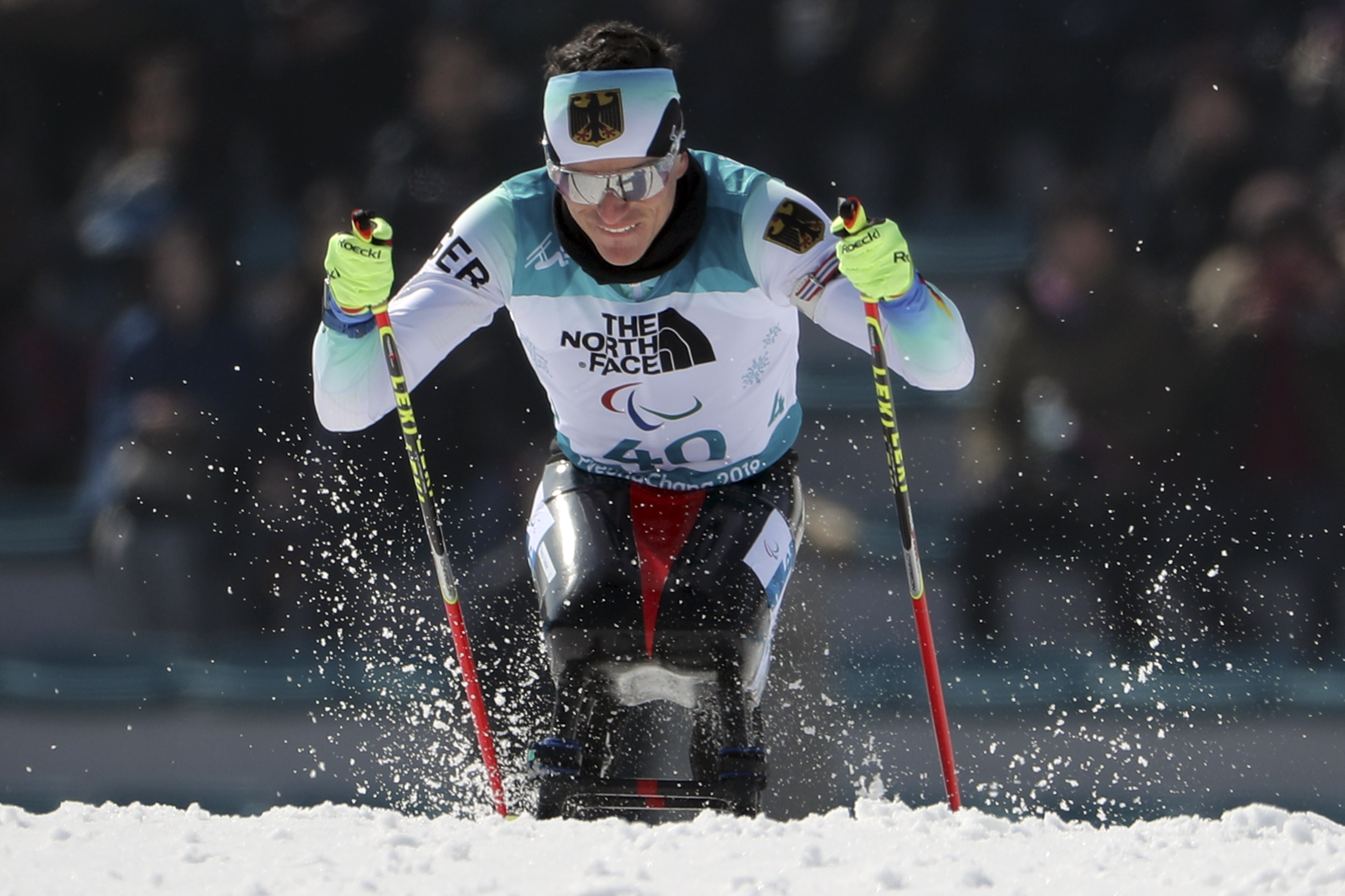 Martin Fleig of Germany competes in the Biathlon Sitting Men's 7.5km at the Alpensia Biathlon Centre during the 2018 Winter Paralympics in Pyeongchang, South Korea, Saturday, March 10, 2018. (AP Photo/Ng Han Guan)