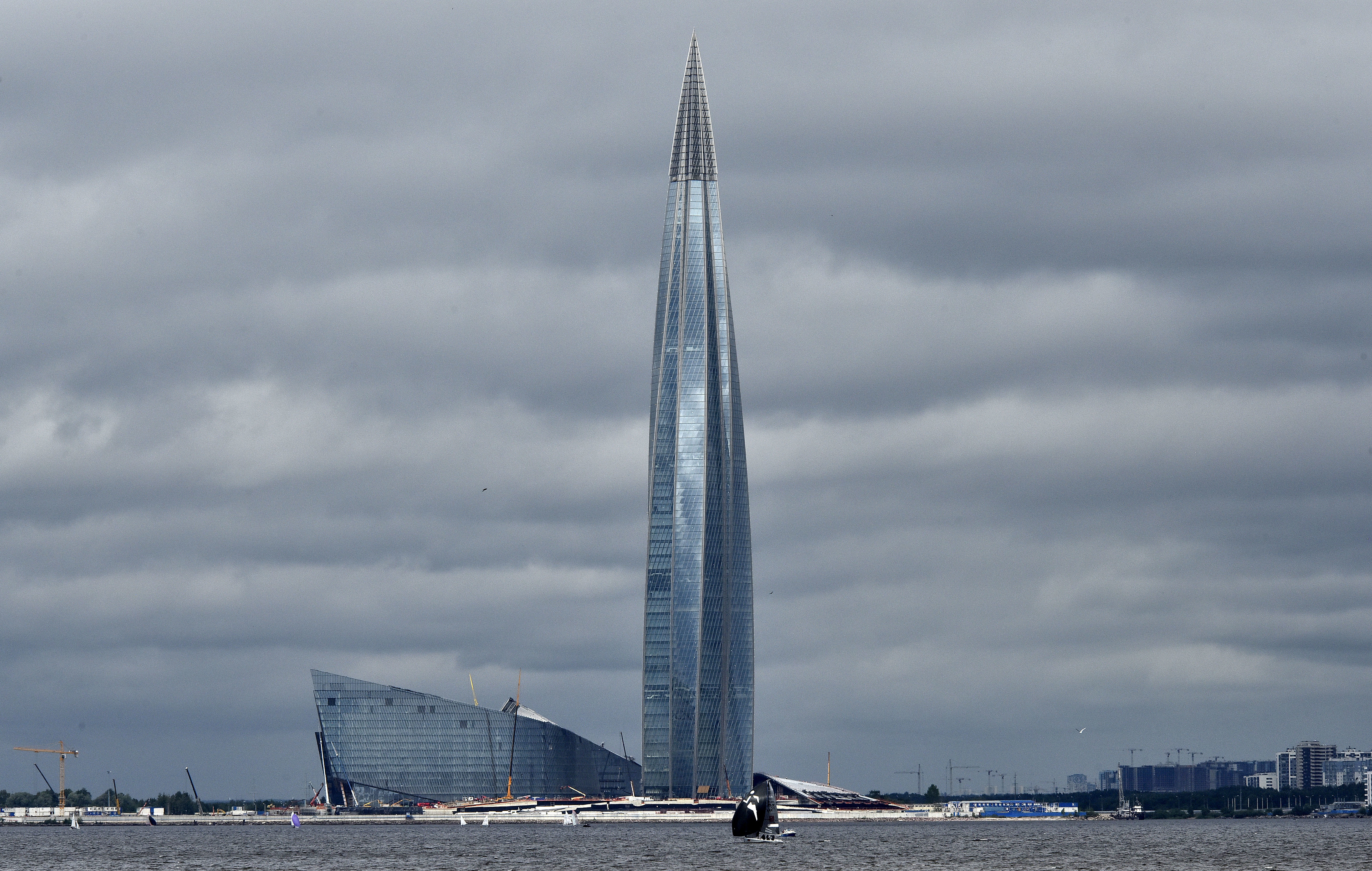 The new Lakhta Center is pictured in St. Petersburg, Russia, Sunday, July 8, 2018. The new headquarter of Russian energy company Gazprom is with 462 meters the tallest building in Europe. (AP Photo/Martin Meissner)