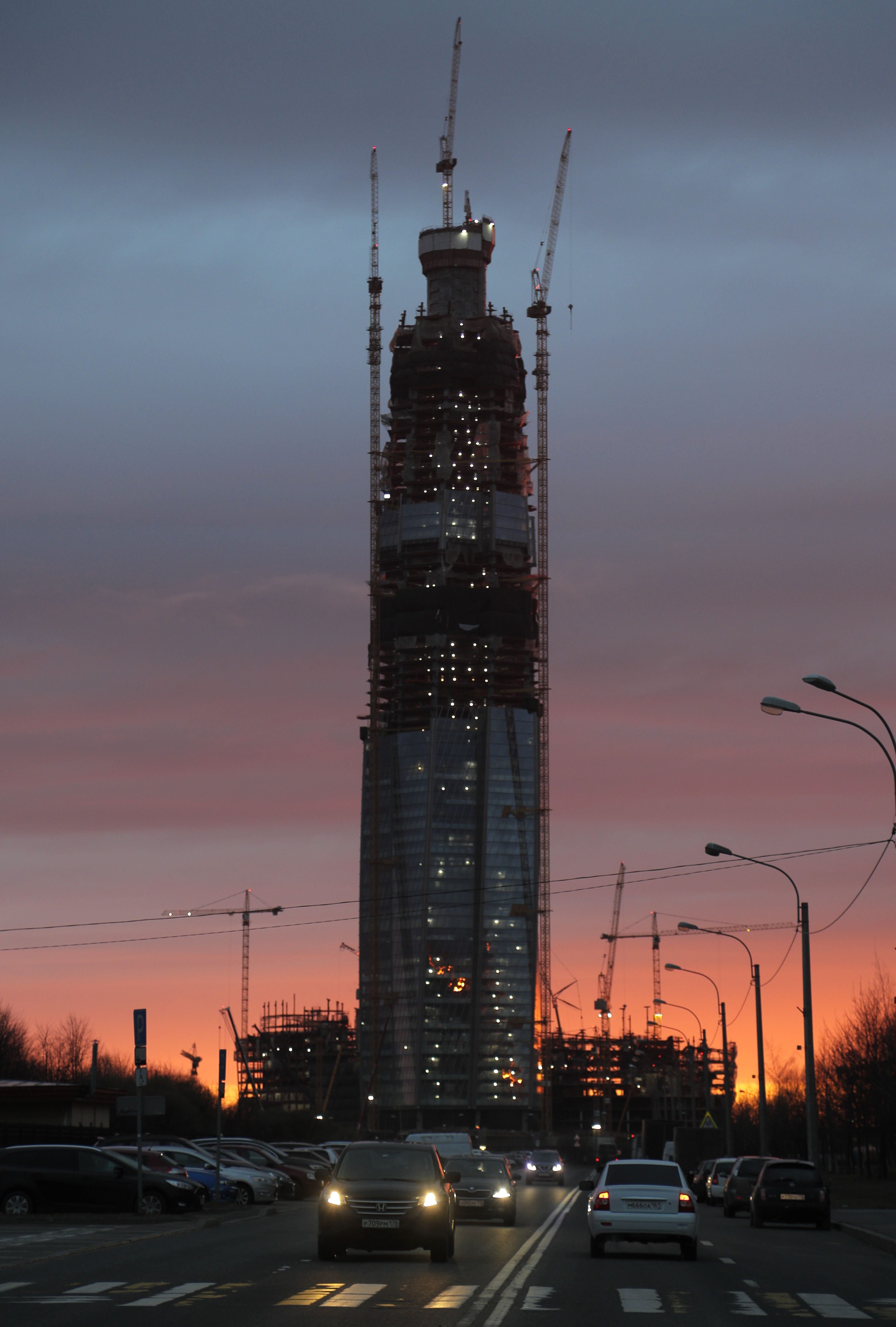 The 87 floor headquarters building of Russian gas company Gazprom under construction seen at sunset in St. Petersburg, Russia, Sunday, April 30, 2017. (AP Photo/Dmitri Lovetsky)