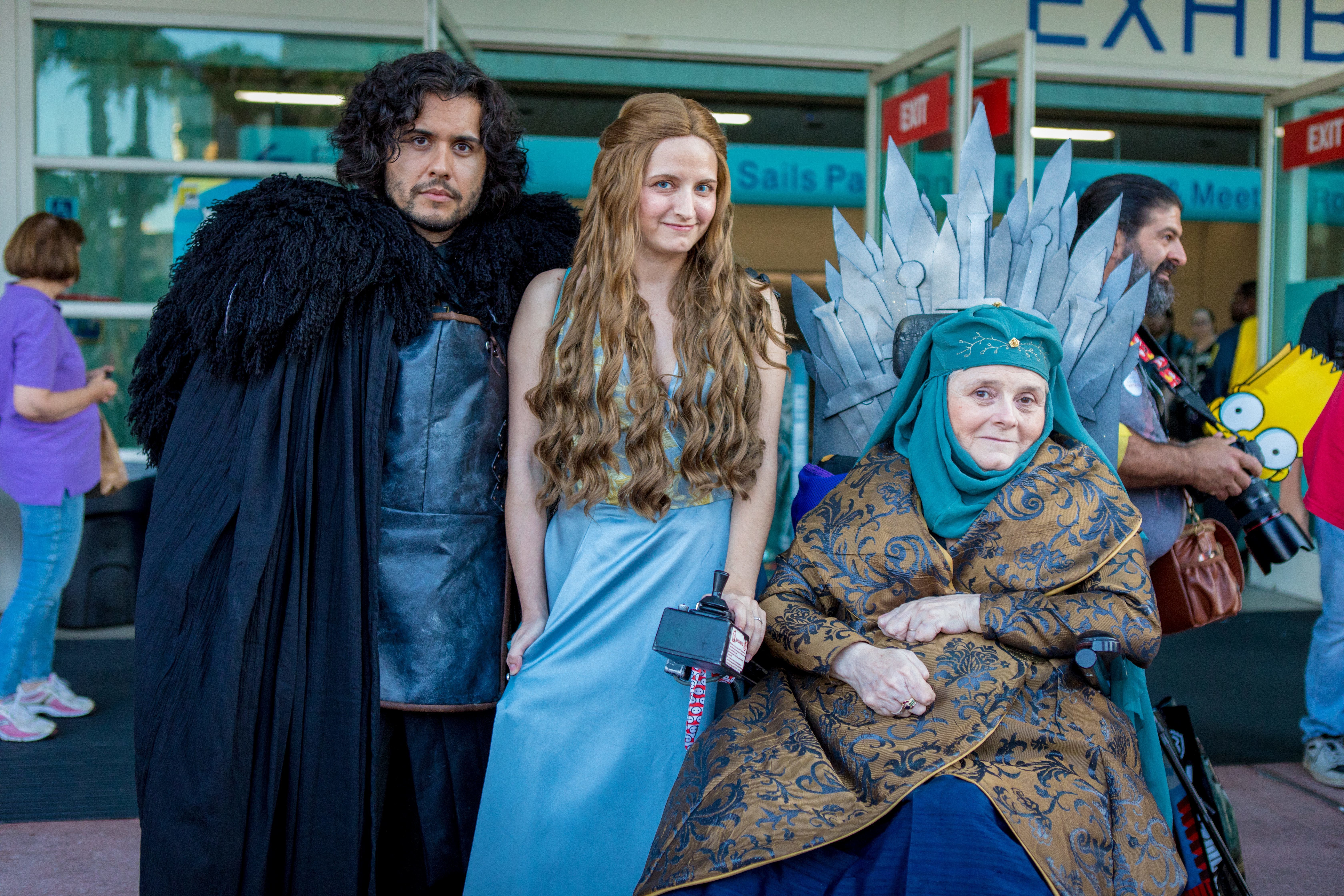 Cosplayers Carlos as John Snow (left), Baraciel as Margaery Tyrell and Maria as Olenna Tyrell (Game of Thrones) at the Comic-Con, in July 2018. | usage worldwide Photo by: Frank Duenzl/picture-alliance/dpa/AP Images