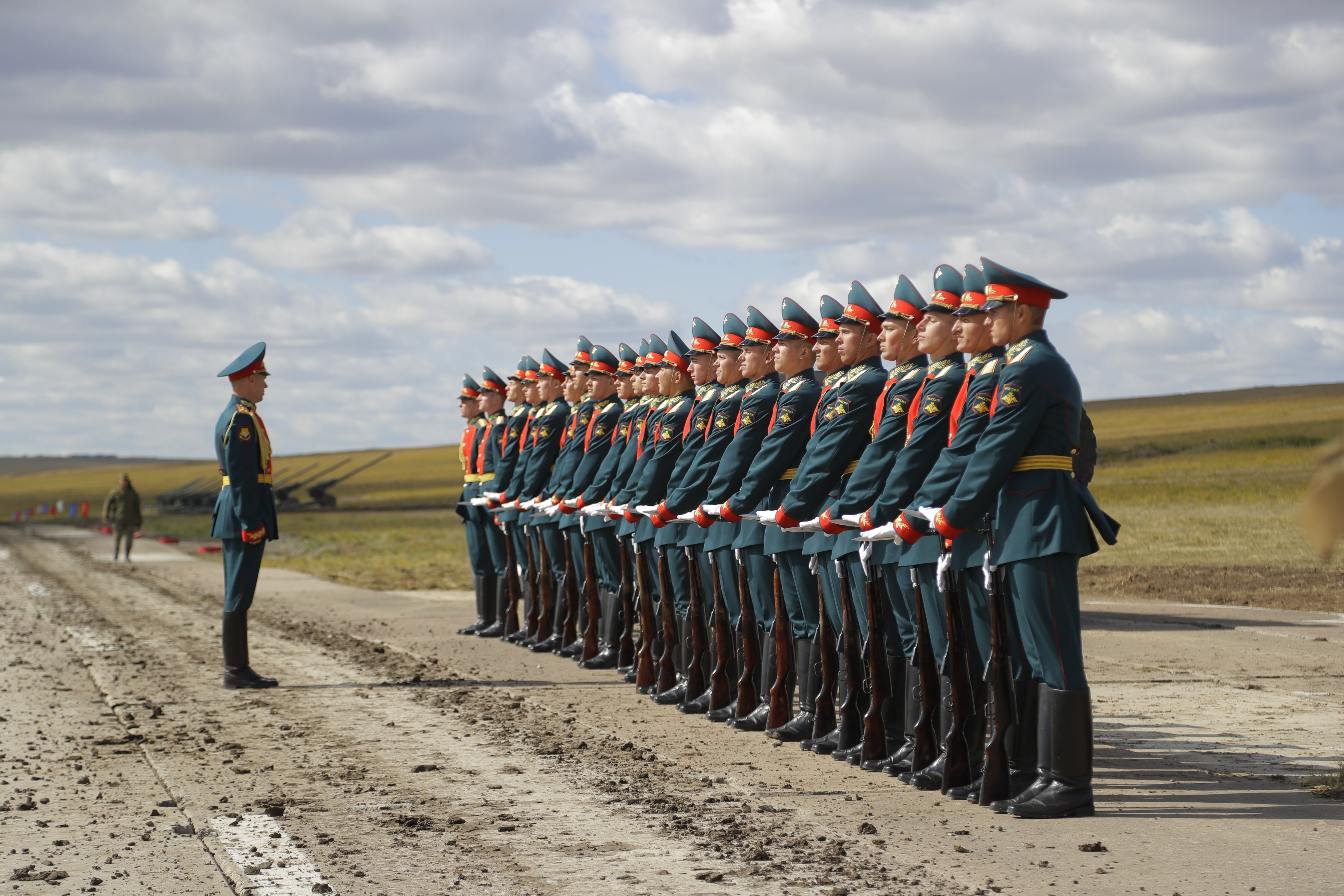 Russian honors guard prepares to take a part in a parade prior to a military exercises on training ground 