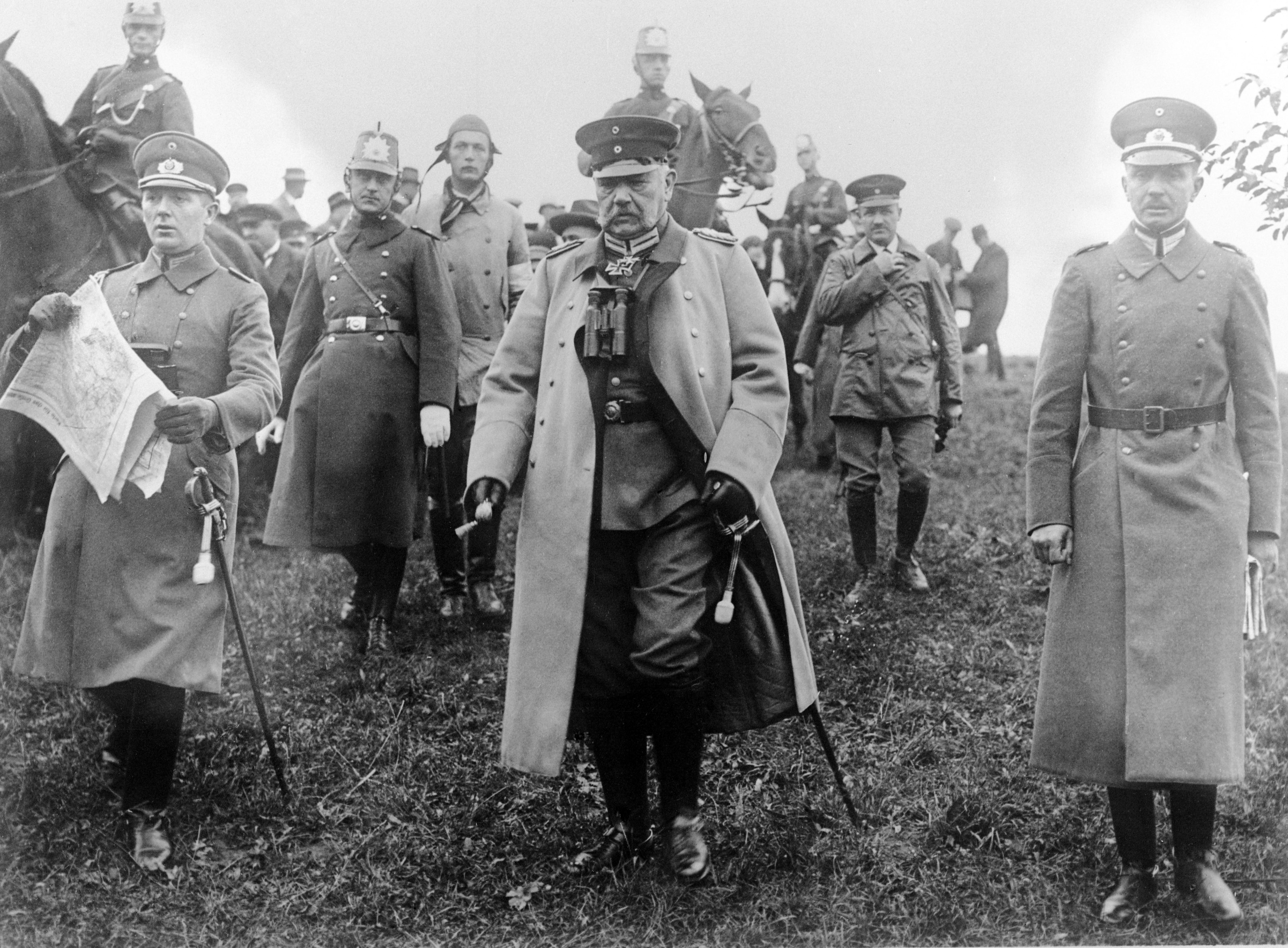 President Paul Von Hindenburg, centre, arriving at the German Army manoeuvres near Goerlitz, on Sept. 26, 1928. (AP Photo)