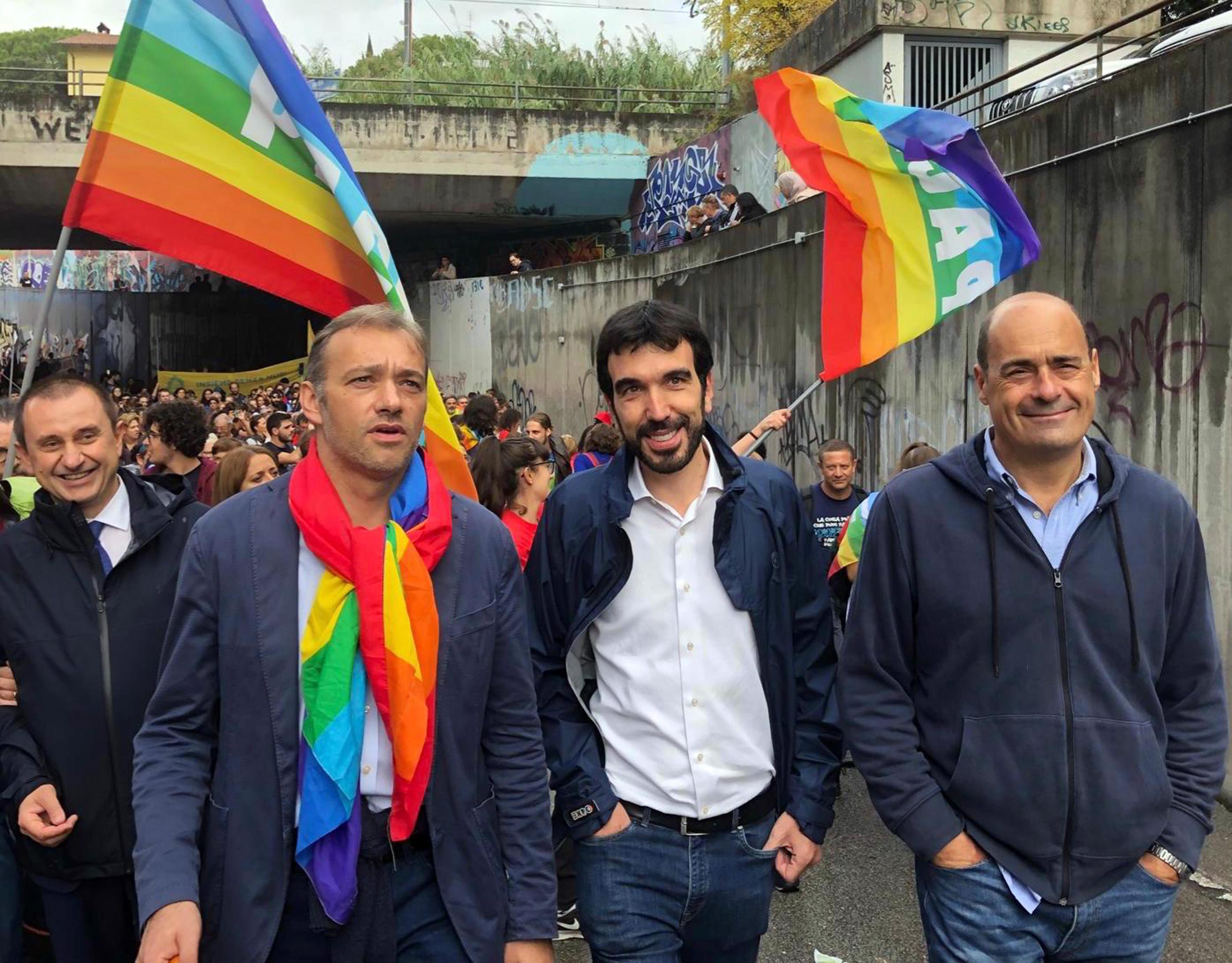 Da sinistra: Ettore Rosato, Matteo Richetti, il segretario del Partito Democratico Maurizio Martina e il presidente della Regione Lazio, Nicola Zingaretti, partecipano alla 