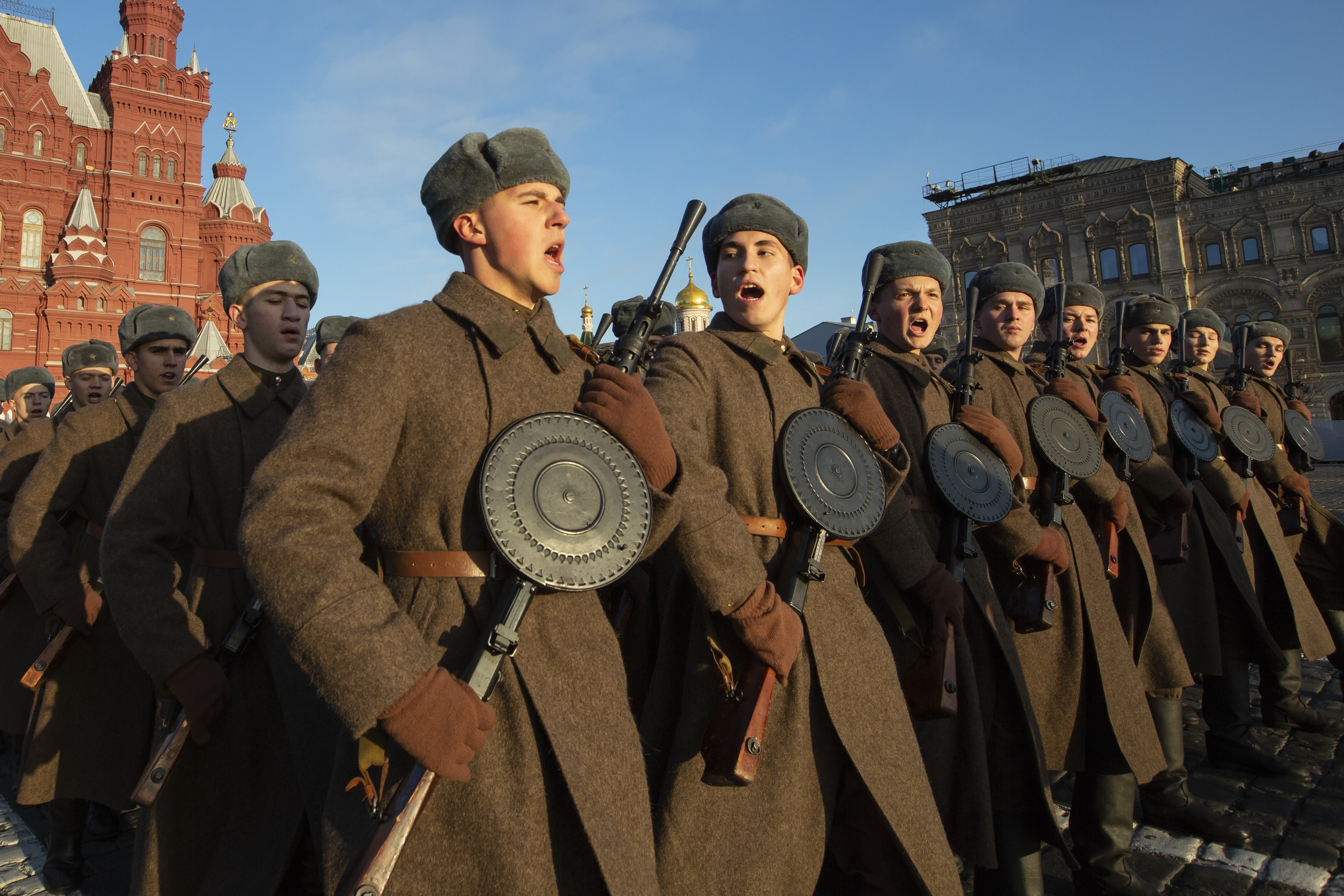 Russian soldiers dressed in Red Army World War II uniforms march during a rehearsal of the Nov. 7 parade in Red Square, in Moscow, Russia, Monday, Nov. 5, 2018. The parade marks the 77th anniversary of a World War II historic parade in Red Square and honored the participants in the Nov. 7, 1941 parade who headed directly to the front lines to defend Moscow from the Nazi forces. (AP Photo/Alexander Zemlianichenko)