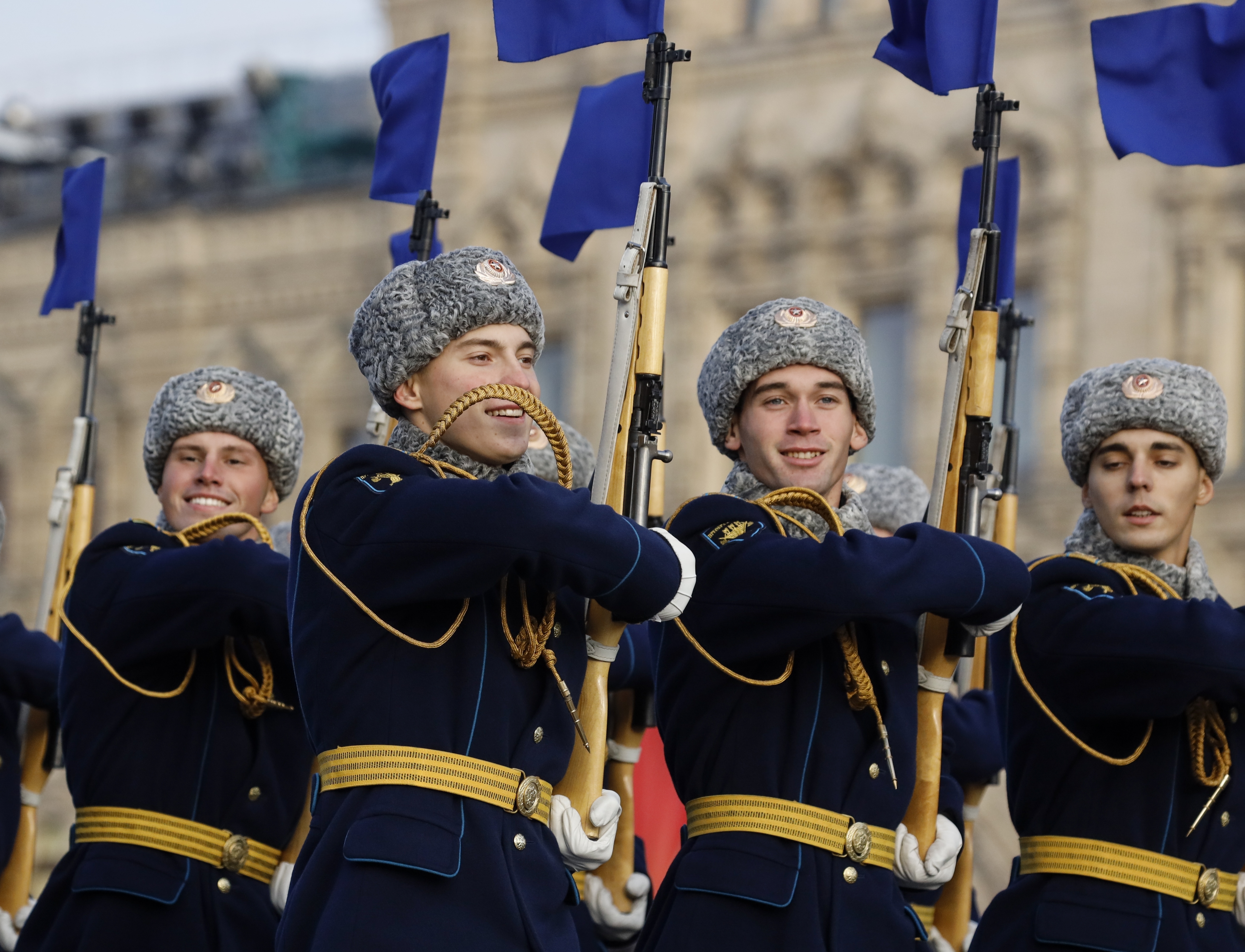 Russian soldiers march during the Nov. 7 parade in Red Square, in Moscow, Russia, Wednesday, Nov. 7, 2018. The event marked the 77th anniversary of a World War II historic parade in Red Square and honored the participants in the Nov. 7, 1941 parade who headed directly to the front lines to defend Moscow from the Nazi forces. (AP Photo/Alexander Zemlianichenko)