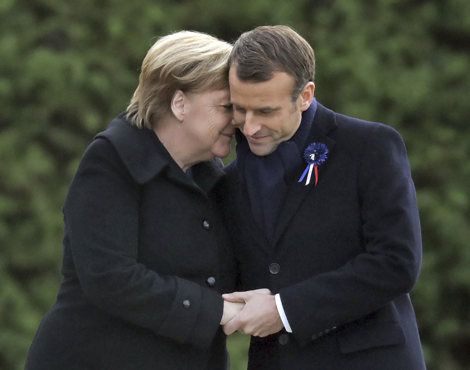 10 November 2018, France, Compiegne: German Chancellor Angela Merkel (CDU) and French President Emmanuel Macron commemorate the end of the First World War 100 years ago near the northern French town of Compi'gne. The armistice was signed on 11 November 1918 in a converted dining car in the clearing. The memorial is located on this site. Photo by: Kay Nietfeld/picture-alliance/dpa/AP Images