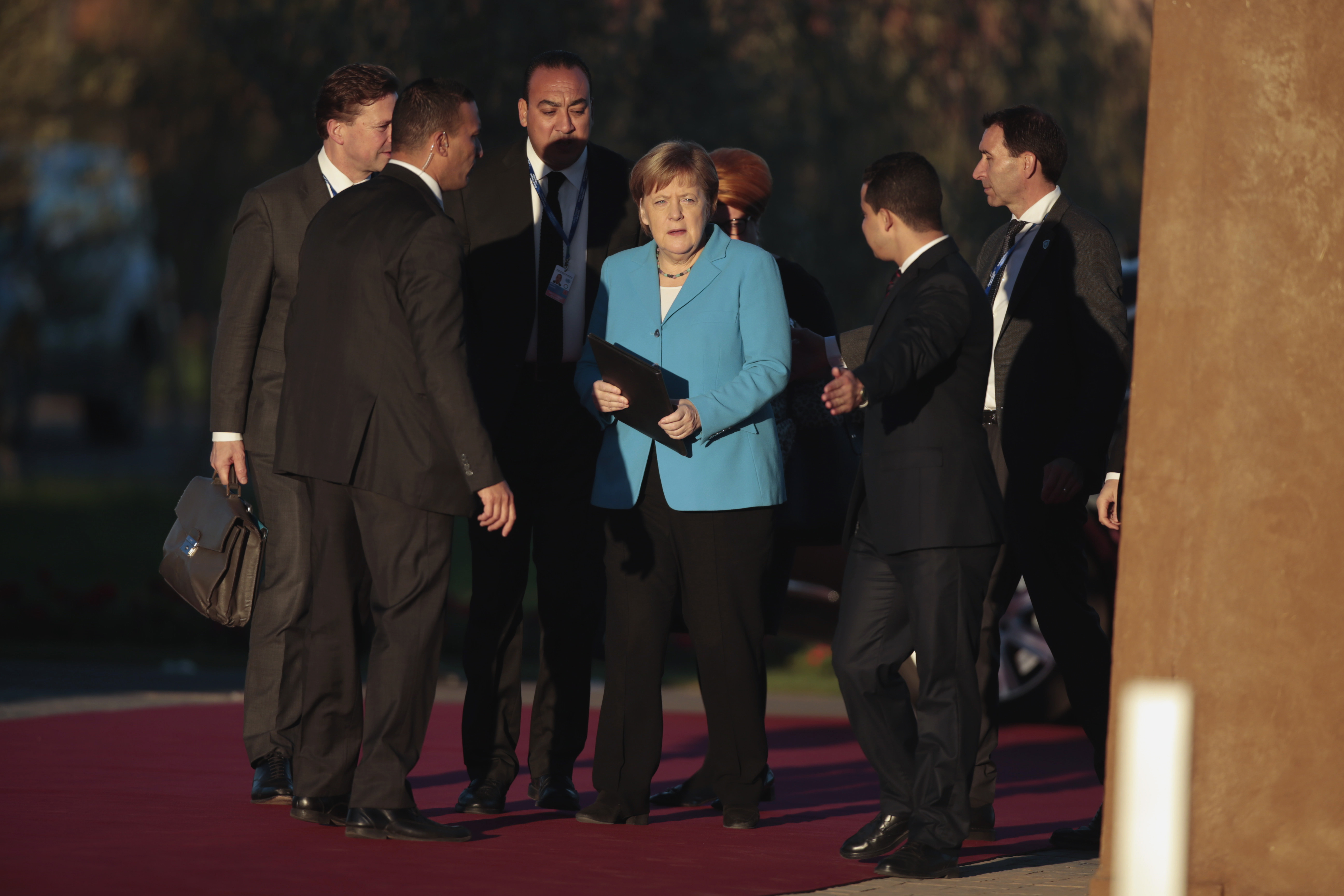 German Chancellor Angela Merkel arrives to attend a UN Migration Conference in Marrakech, Morocco, Monday, Dec.10, 2018. Top U.N. officials and government leaders from about 150 countries are uniting around an agreement on migration, while finding themselves on the defensive about the non-binding deal amid criticism and a walkout from the United States and some other countries. (AP Photo/Mosa'ab Elshamy)