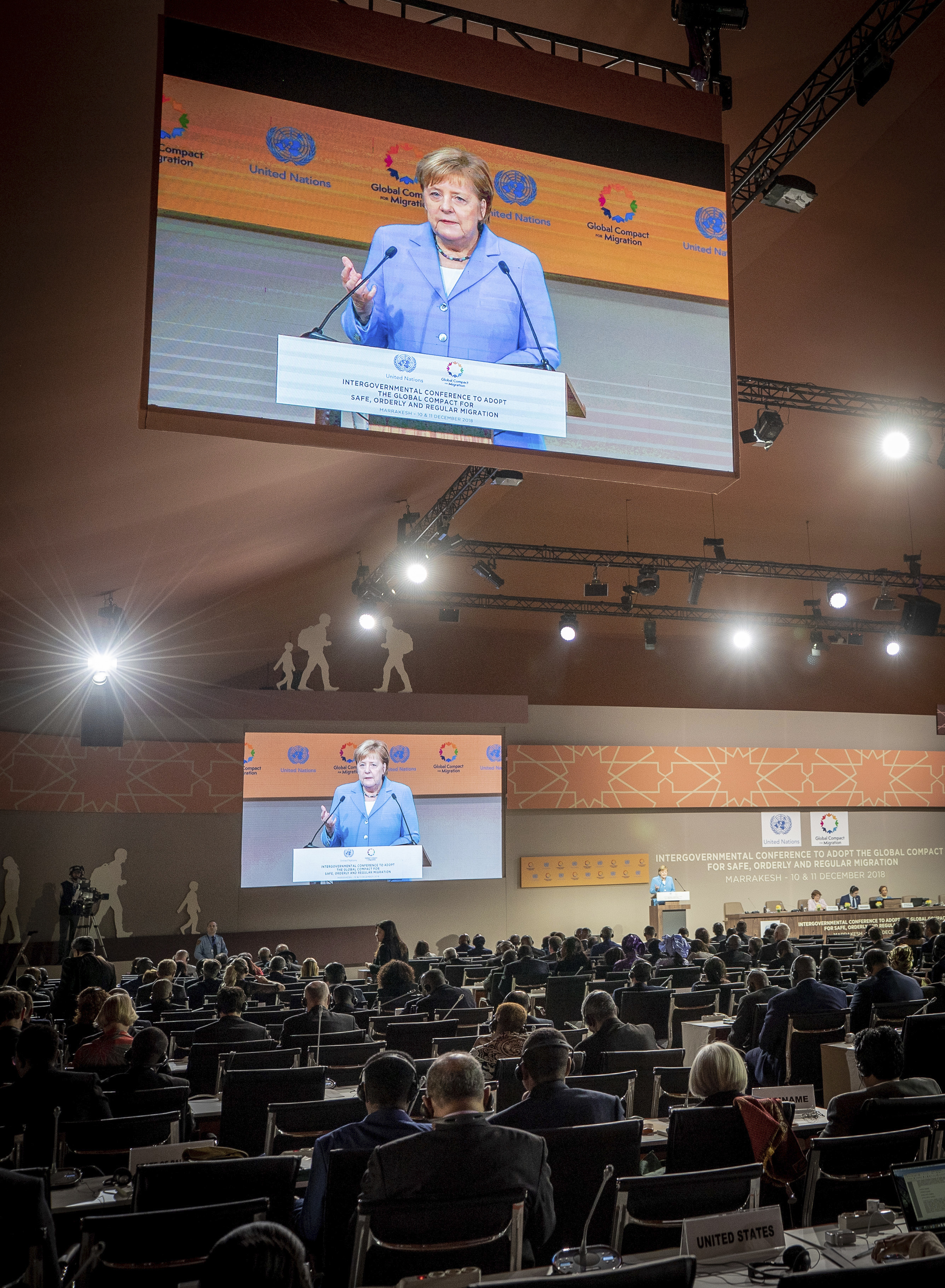 10 December 2018, Morocco, Marrakesch: Chancellor Angela Merkel (CDU) speaks at the UN Conference on the Migration Pact. Chancellor Angela Merkel (CDU) has praised the UN Migration Pact as a milestone in international migration policy. Photo by: Michael Kappeler/picture-alliance/dpa/AP Images