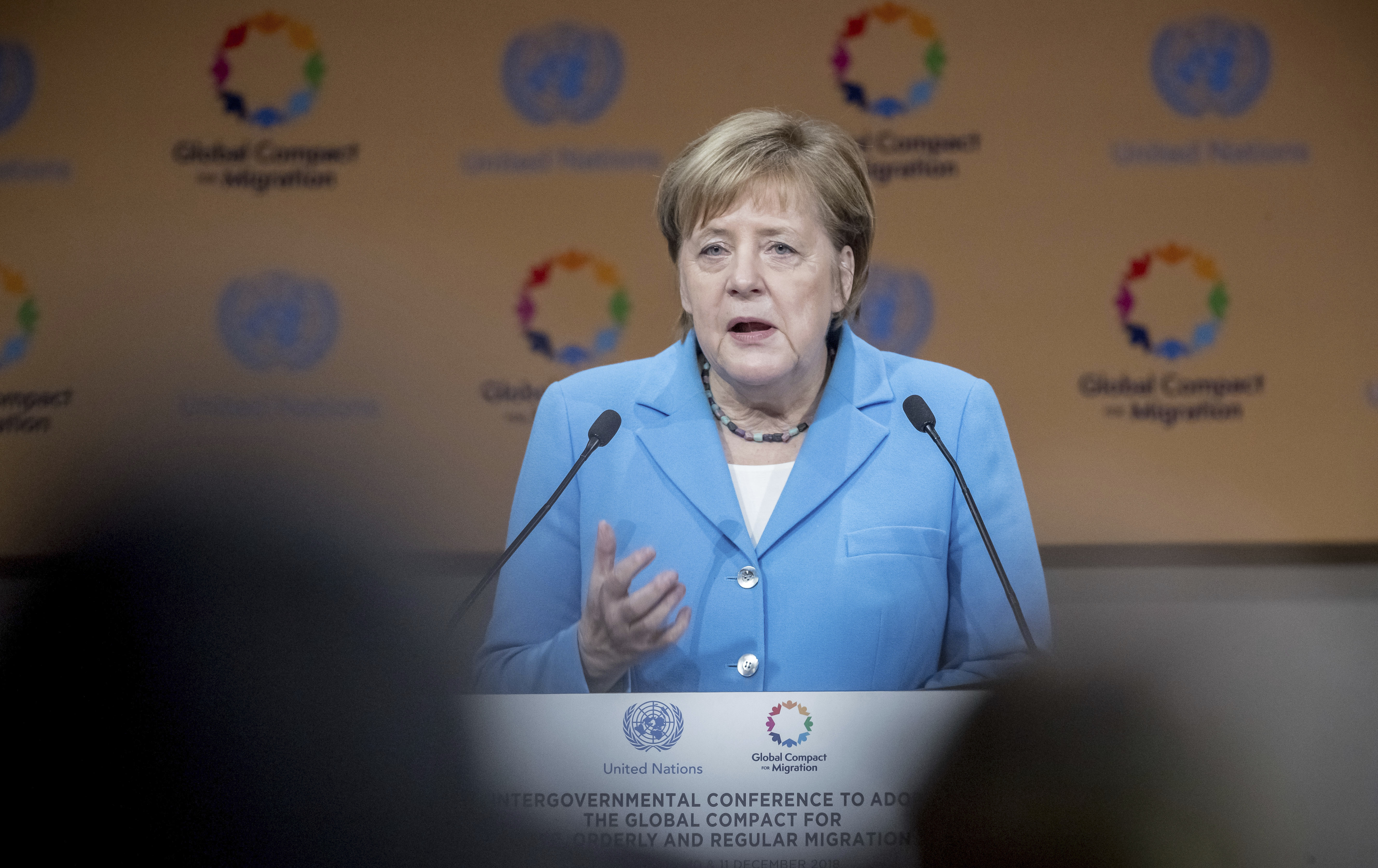 10 December 2018, Morocco, Marrakesch: Chancellor Angela Merkel (CDU) speaks at the UN Conference on the Migration Pact. Chancellor Angela Merkel (CDU) has praised the UN Migration Pact as a milestone in international migration policy. Photo by: Michael Kappeler/picture-alliance/dpa/AP Images