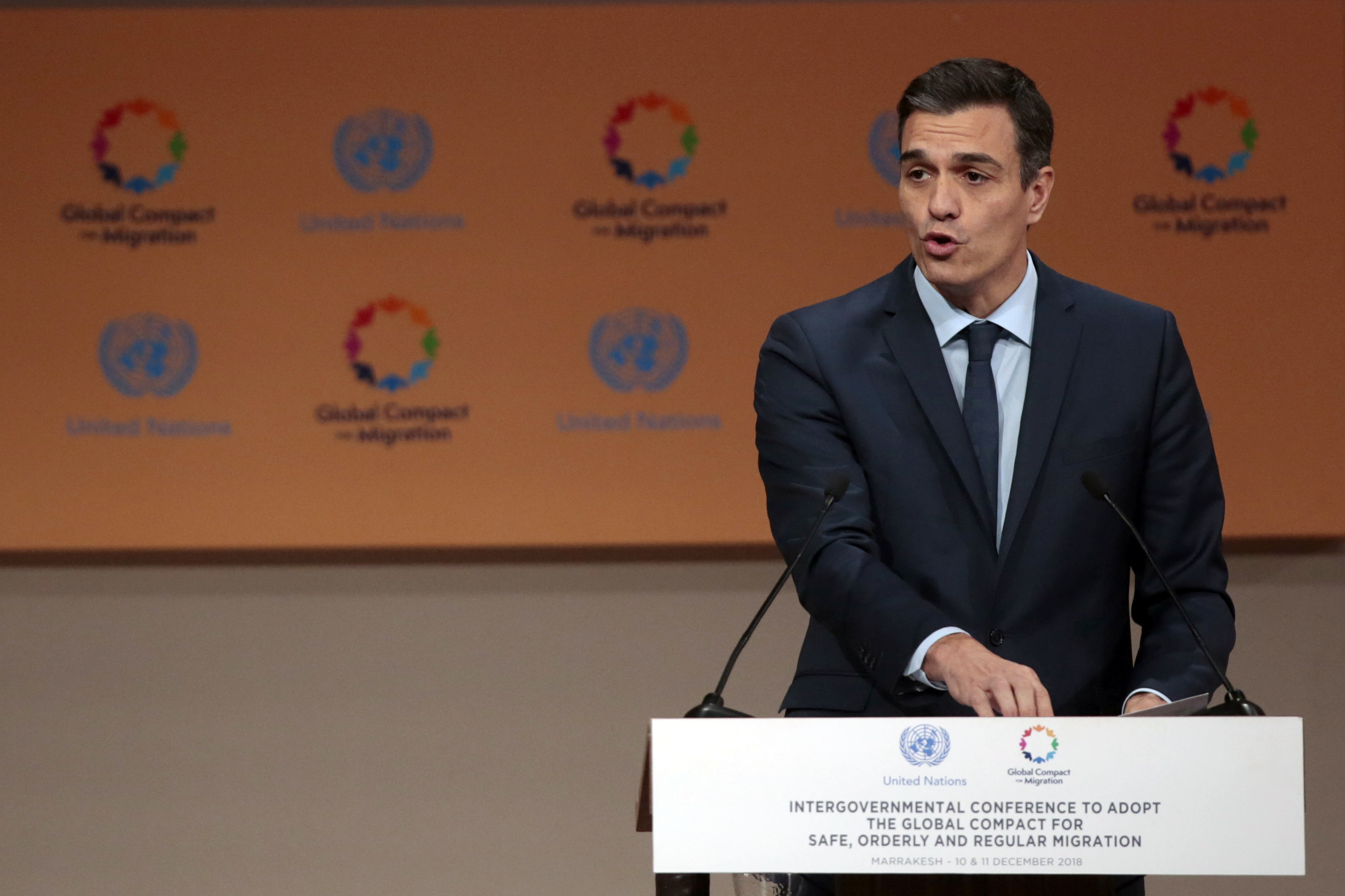 Spain's Prime Minister Pedro Sanchez addresses delegates during the opening session of a UN Migration Conference in Marrakech, Morocco, Monday, Dec.10, 2018. Top U.N. officials and government leaders from about 150 countries are uniting around an agreement on migration, while finding themselves on the defensive about the non-binding deal amid criticism and a walkout from the United States and some other countries. (AP Photo/Mosa'ab Elshamy)