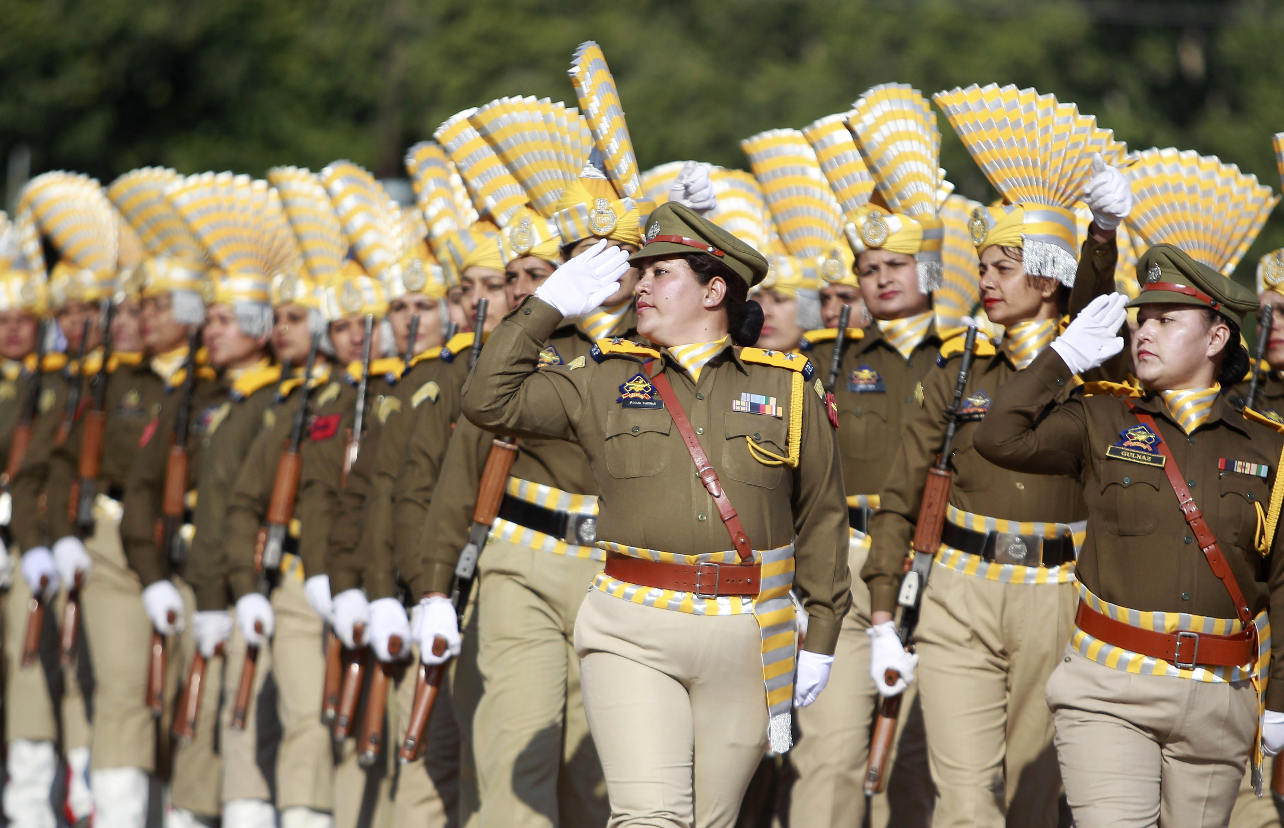 Indian policewomen march during a Republic Day parade in Jammu, India, Saturday, Jan. 26, 2019. (AP Photo/Channi Anand)