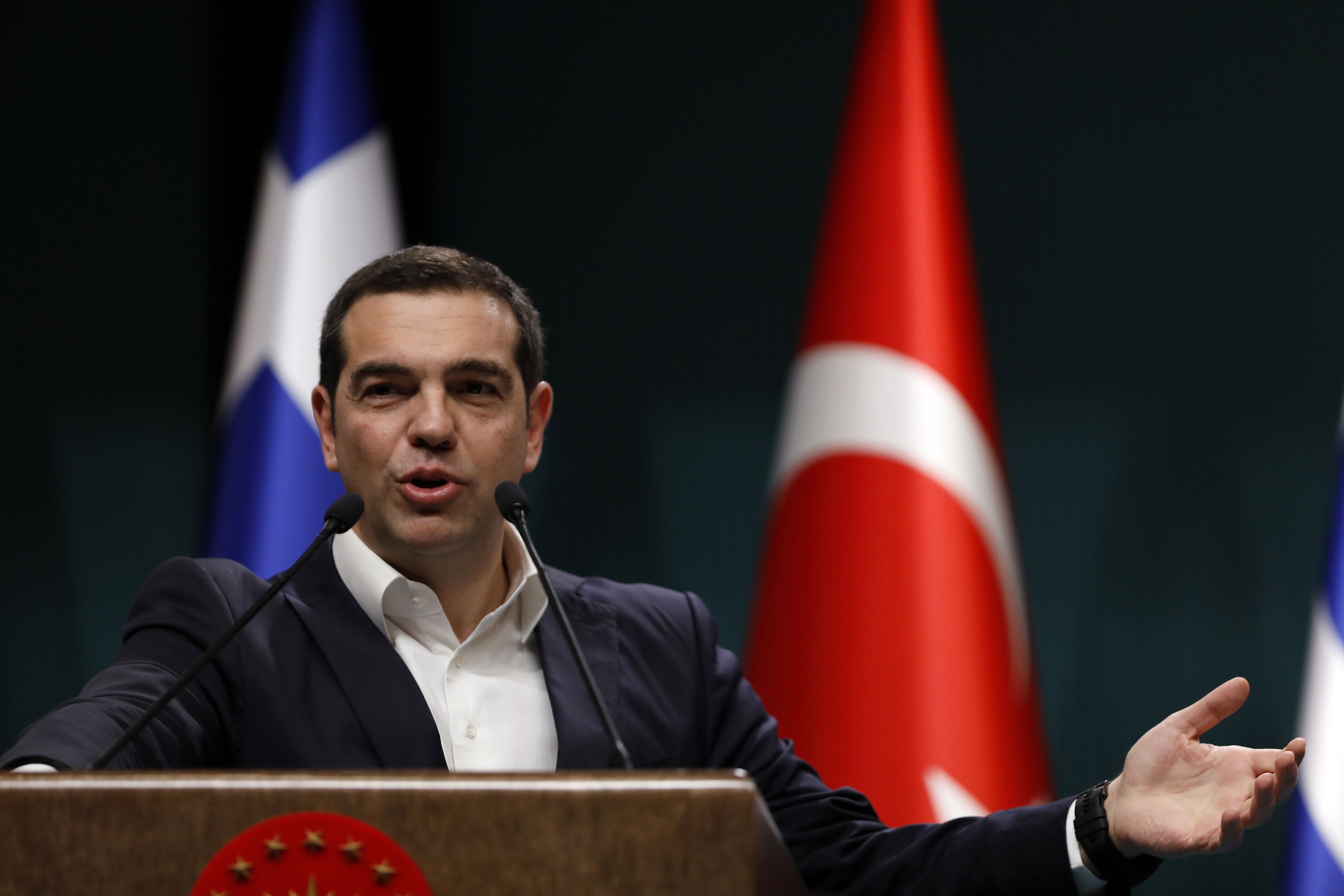 Greece's Prime Minister Alexis Tsipras speaks during a press conference with Turkey's President Recep Tayyip Erdogan at the Presidential Palace in Ankara, Tuesday, Feb. 5, 2019. Tsipras and Erdogan are set to discuss an array of subjects that have strained relations between the two NATO allies, including territorial disputes in the Aegean Sea and gas exploration in the eastern Mediterranean. (AP Photo/Burhan Ozbilici)