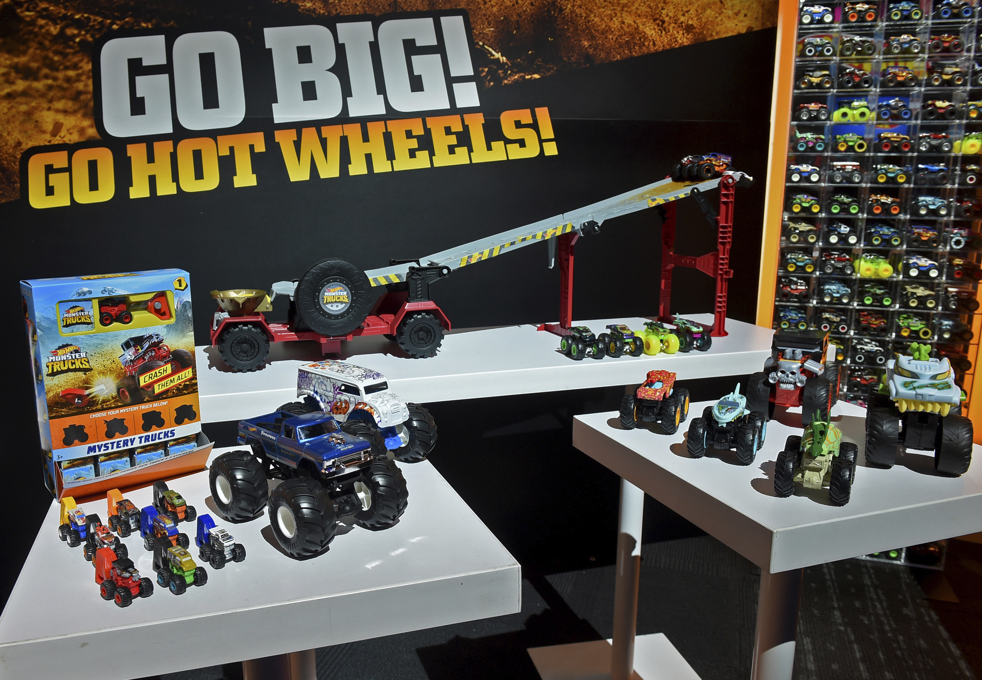 IMAGE DISTRIBUTED FOR MATTEL - Following the 50th anniversary celebration in 2018, Hot Wheels reveals a new collection of Monster Trucks vehicles and playsets at the New York Toy Fair, Friday, Feb. 15, 2019. (Diane Bondareff/AP Images for Mattel)