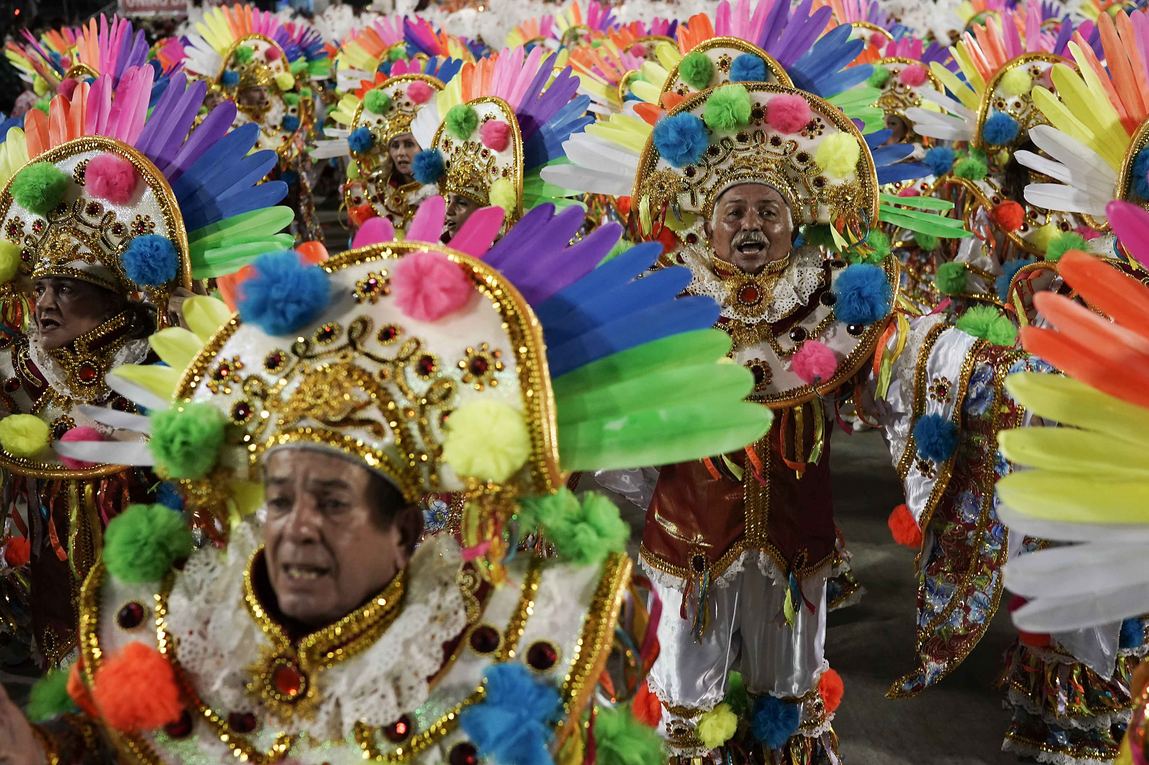 Performers from the Uniao da Ilha samba school parade during Carnival celebrations at the Sambadrome in Rio de Janeiro, Brazil, Tuesday, March 5, 2019. (AP Photo/Leo Correa)
