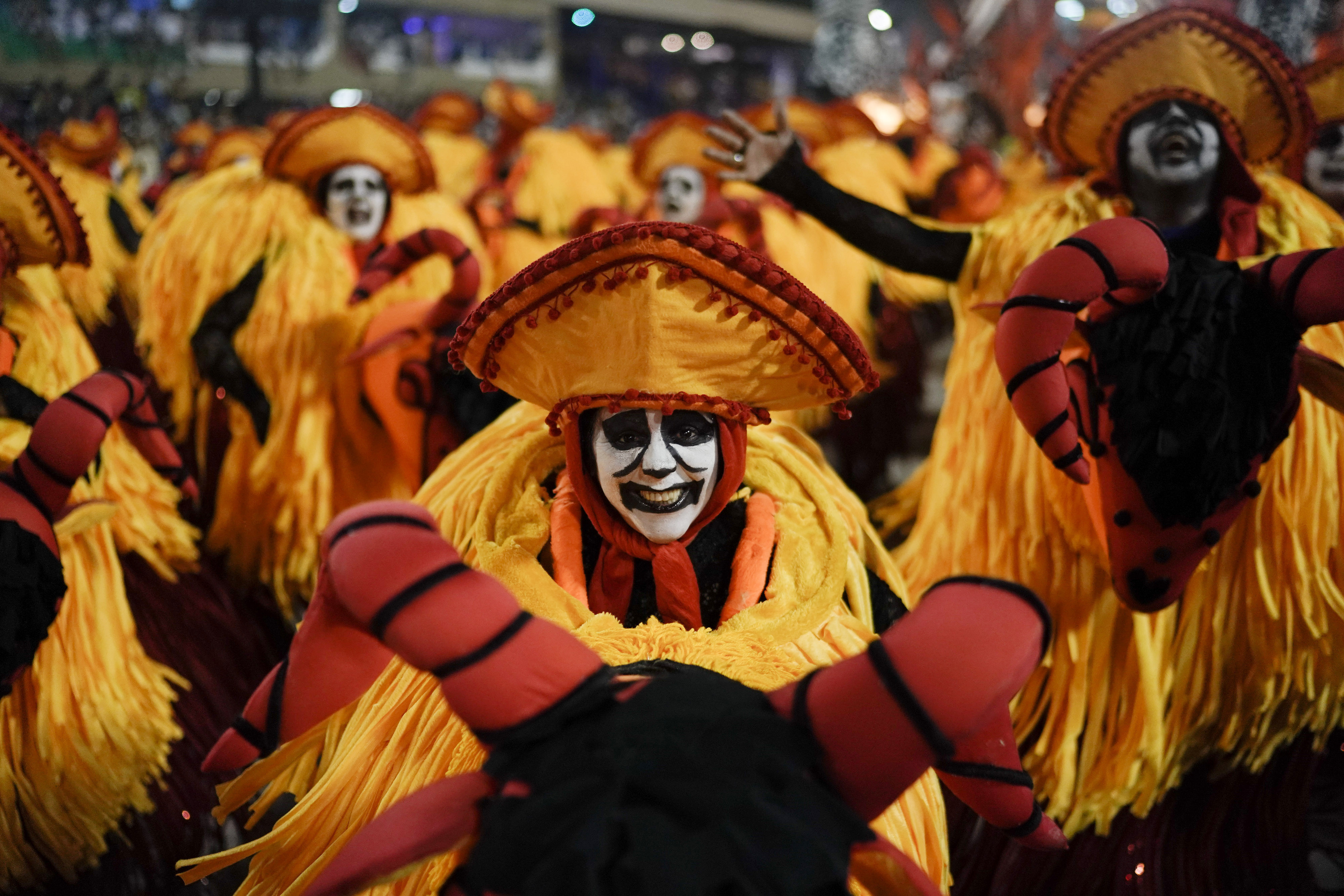 A performer from the Paraiso do Tuiuti samba school parades during Carnival celebrations at the Sambadrome in Rio de Janeiro, Brazil, Tuesday, March 5, 2019. (AP Photo/Leo Correa)