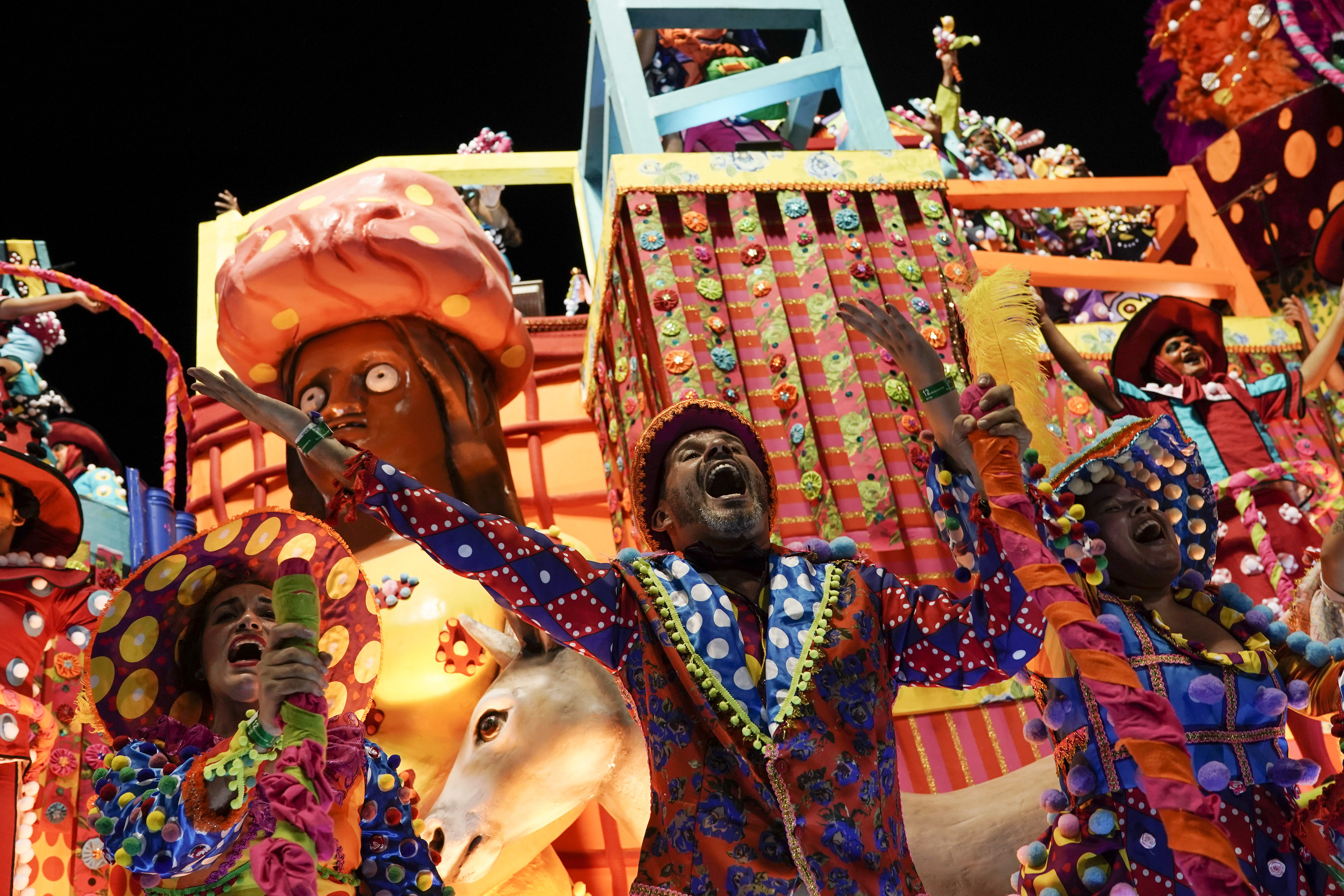 Performers from the Paraiso do Tuiuti samba school parade on a float during Carnival celebrations at the Sambadrome in Rio de Janeiro, Brazil, Tuesday, March 5, 2019. (AP Photo/Leo Correa)
