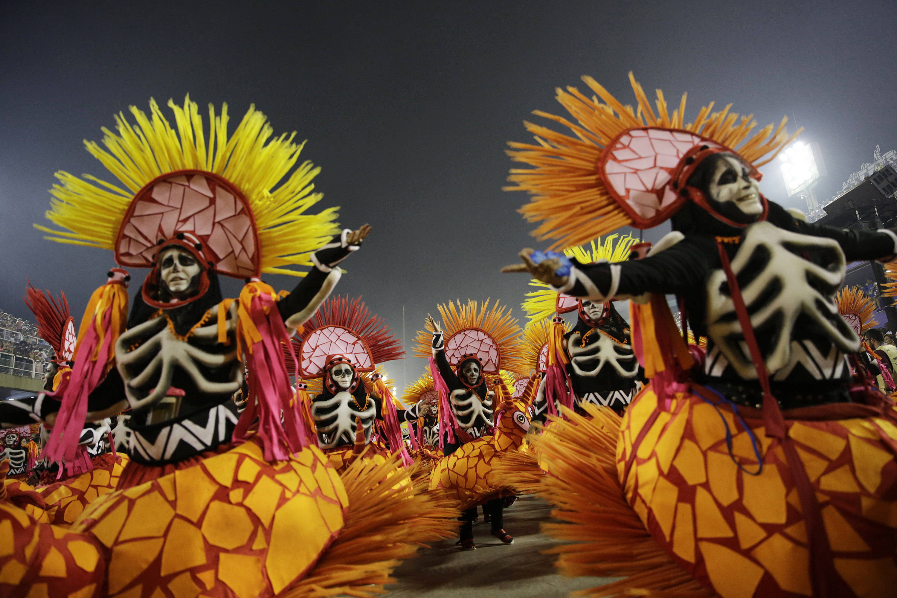 Performers from the Paraiso de Tuiuti samba school parade during Carnival celebrations at the Sambadrome in Rio de Janeiro, Brazil, Tuesday, March 5, 2019. (AP Photo/Silvia Izquierdo)