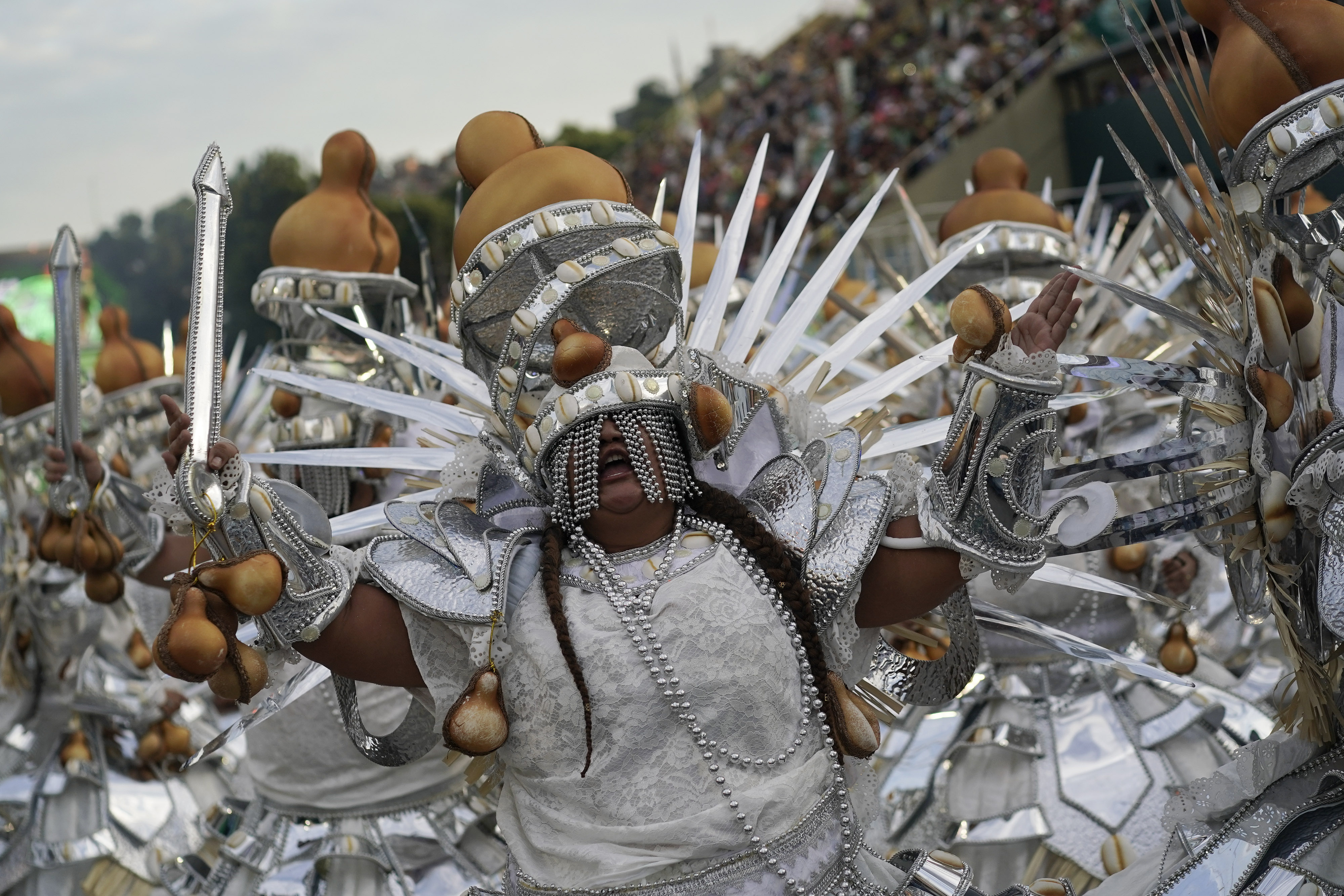 A performer from the Mocidade samba school parades during Carnival celebrations at the Sambadrome in Rio de Janeiro, Brazil, Tuesday, March 5, 2019. (AP Photo/Leo Correa)