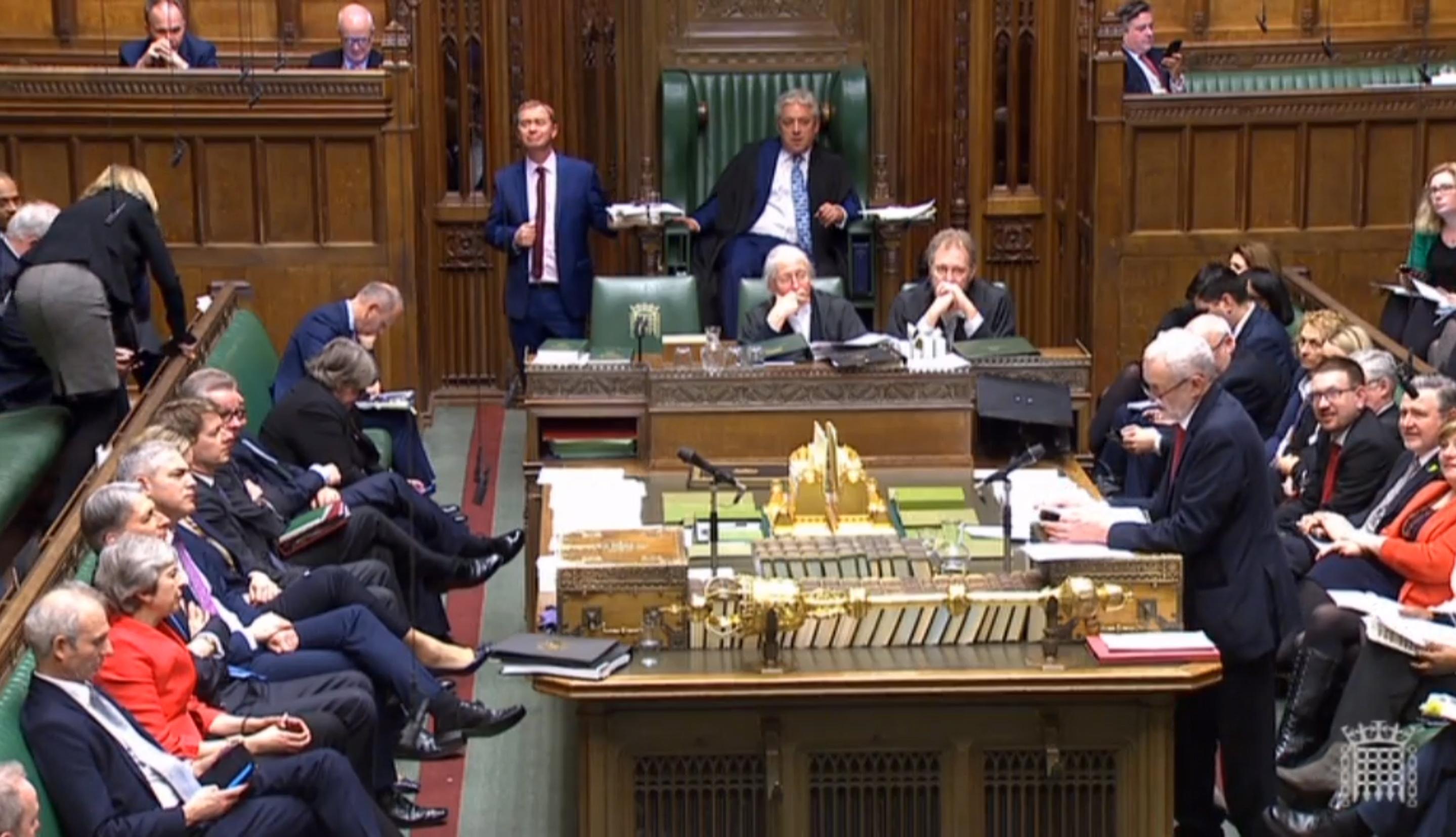 epa07431438 A grab from a handout video made available by the UK Parliamentary Recording Unit shows British opposition Labour party leader Jeremy Corbyn (R) speaks during a debate at the House of Commons parliament in London, Britain, 12 March 2019. British parliament will vote on British Prime Minister May's amended Brexit deal later in the day. Theresa May wants parliament to back her 'improved' withdrawal agreement she has negotiated with the EU over the so-called 'backstop'. The United Kingdom is officially due to leave the European Union on 29 March 2019, two years after triggering Article 50 in consequence to a referendum.  EPA/UK PARLIAMENTARY RECORDING UNIT / HANDOUT MANDATORY CREDIT: UK PARLIAMENTARY RECORDING UNIT HANDOUT EDITORIAL USE ONLY/NO SALES