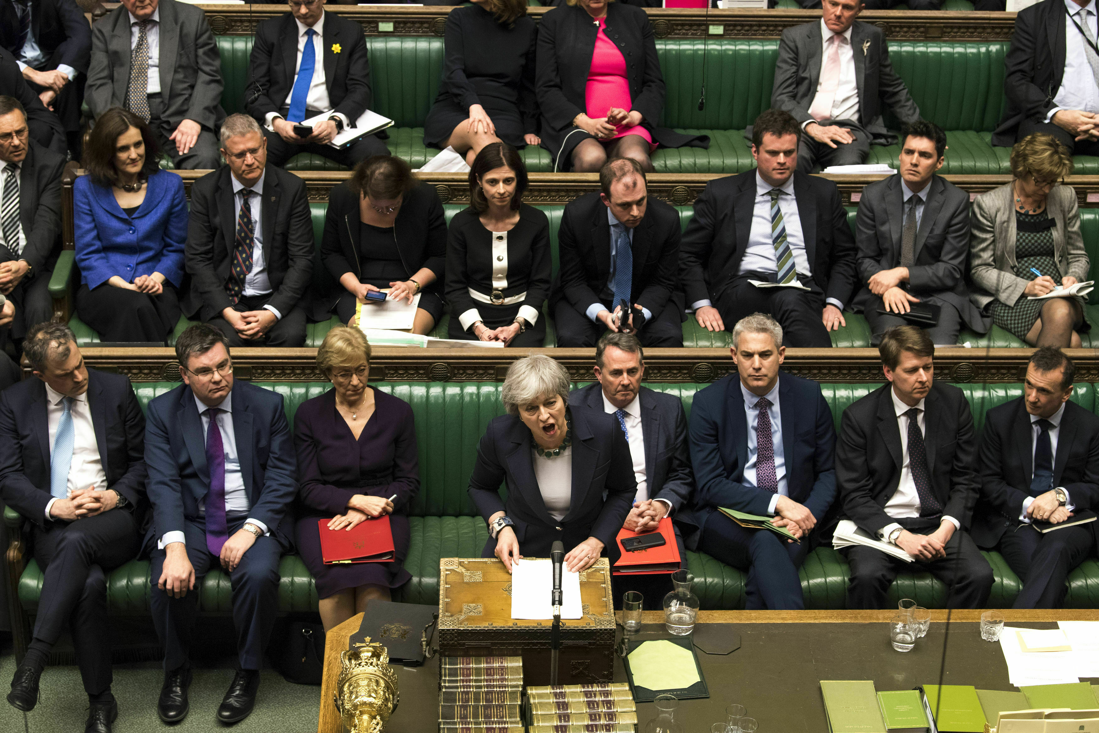 Britain's Prime Minister Theresa May speaks to lawmakers in the House of Commons, London, Wednesday March 13, 2019. In a tentative first step toward ending months of political deadlock, British lawmakers voted Wednesday to block the country from leaving the European Union without a divorce agreement, triggering an attempt to delay that departure, currently due to take place on March 29. (Mark Duffy/UK Parliament via AP)