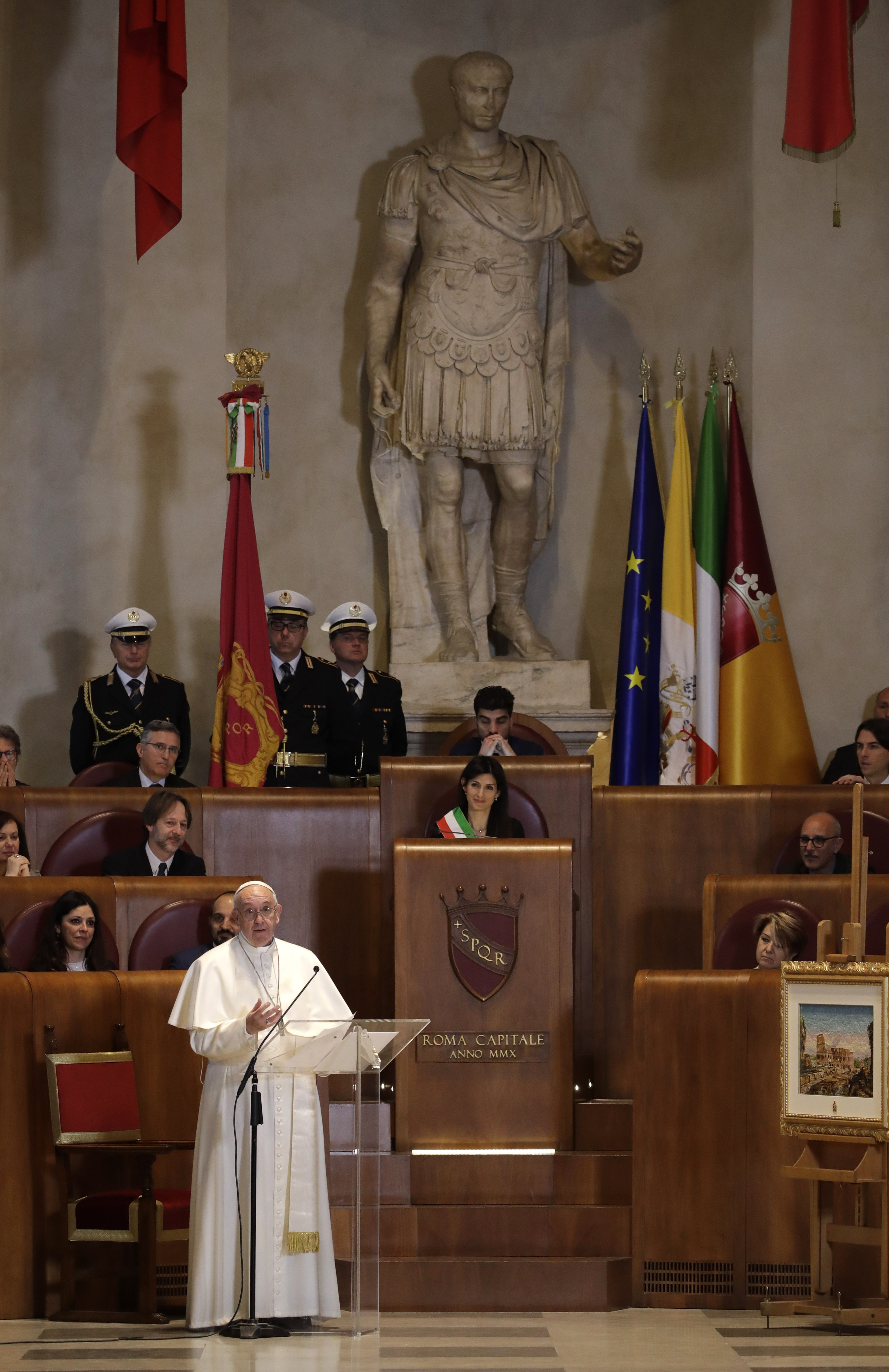 Pope Francis delivers his speech in the Julius Cesar Hall during his visit to the Campidoglio, Capitol Hill, in Rome, Tuesday, March 26, 2019. (AP Photo/Alessandra Tarantino)