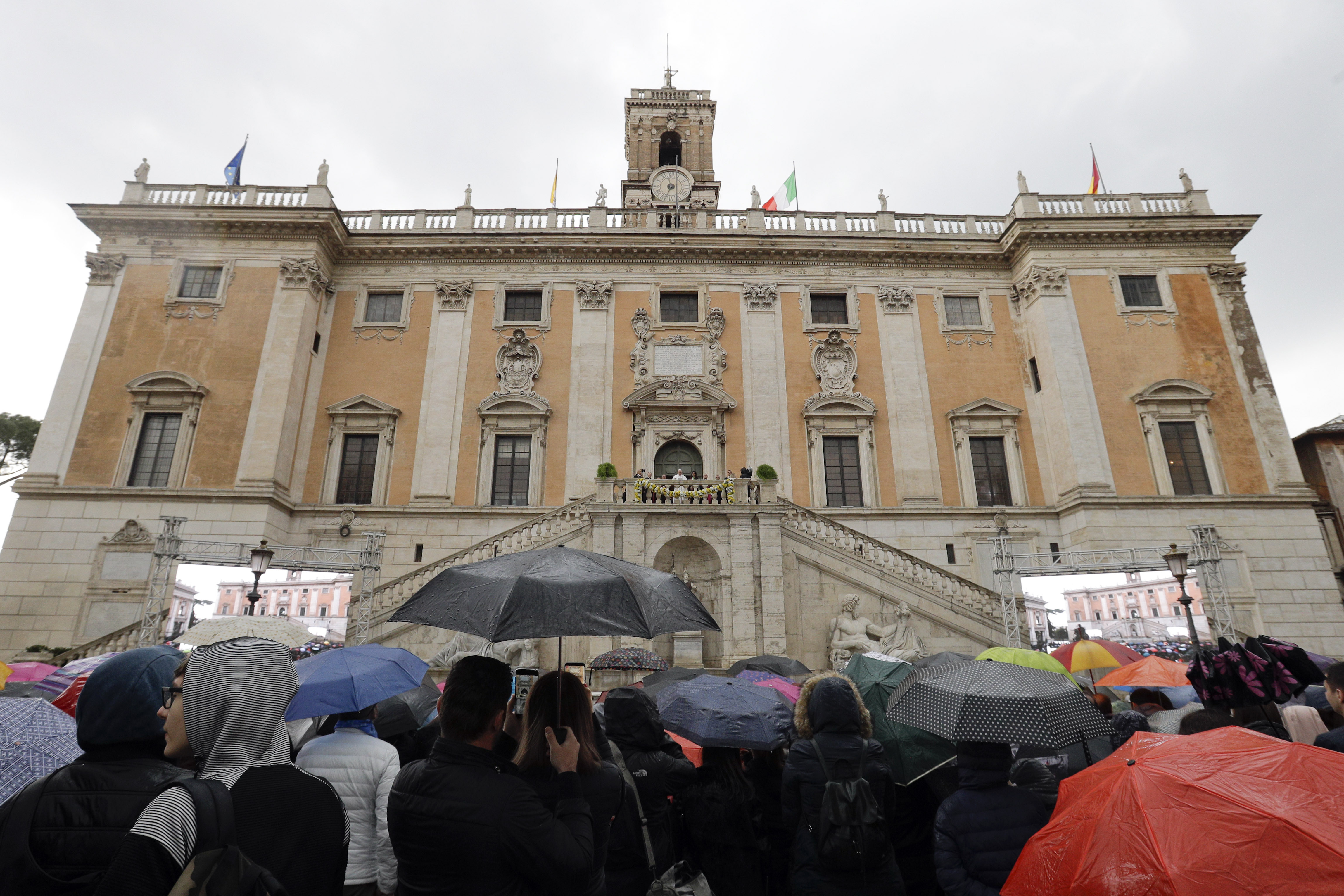Pope Francis, background center, delivers his speech during his visit to the Campidoglio, Capitol hill, in Rome, March 26, 2019. (AP Photo/Gregorio Borgia)