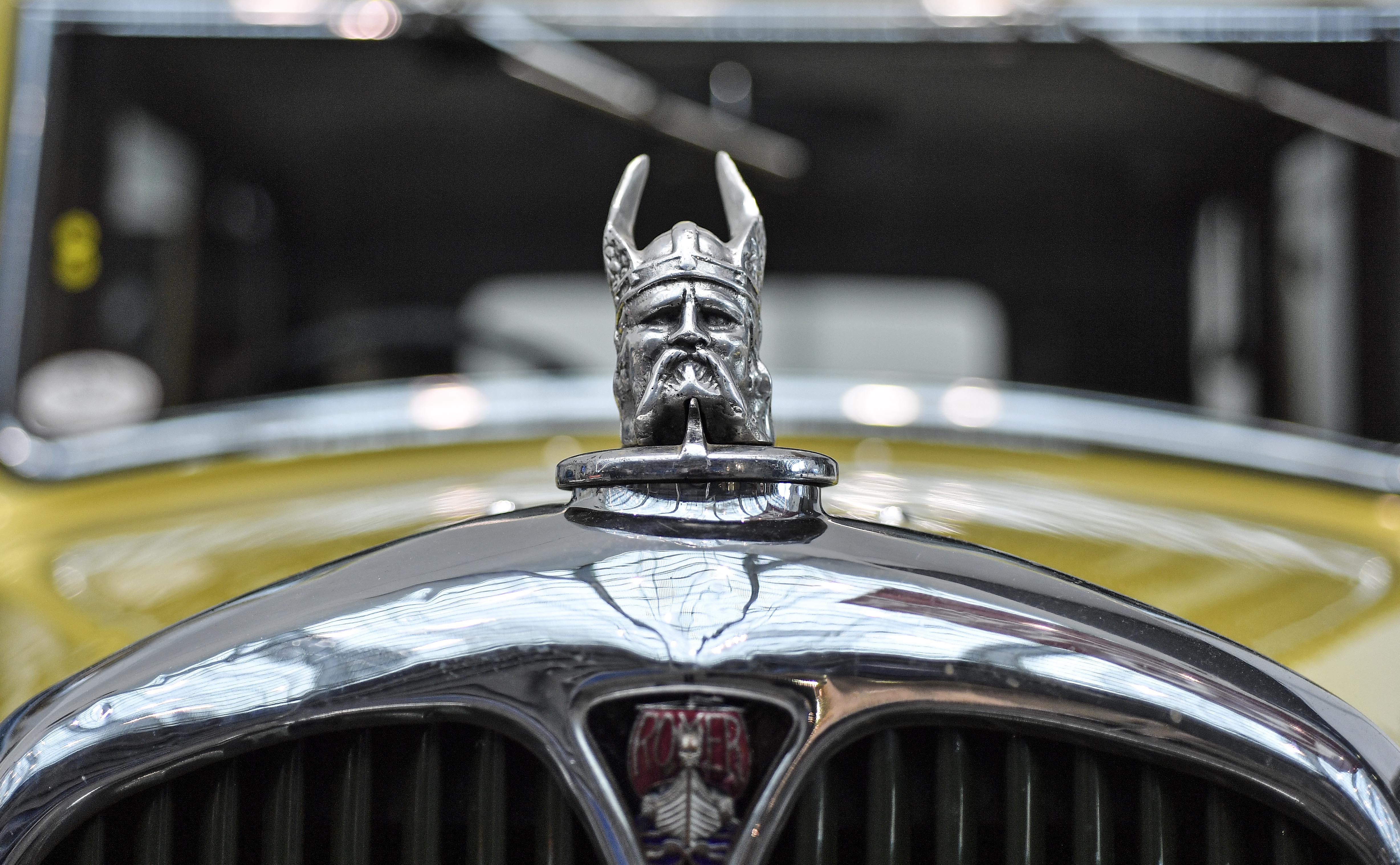 The hood ornament of a Rover P2 HP-14 vintage car from 1936 is seen at the World Show for Vintage, Classic and Prestige Automobiles Techno-Classica in Essen, Germany, Friday, April 12, 2019. (AP Photo/Martin Meissner)