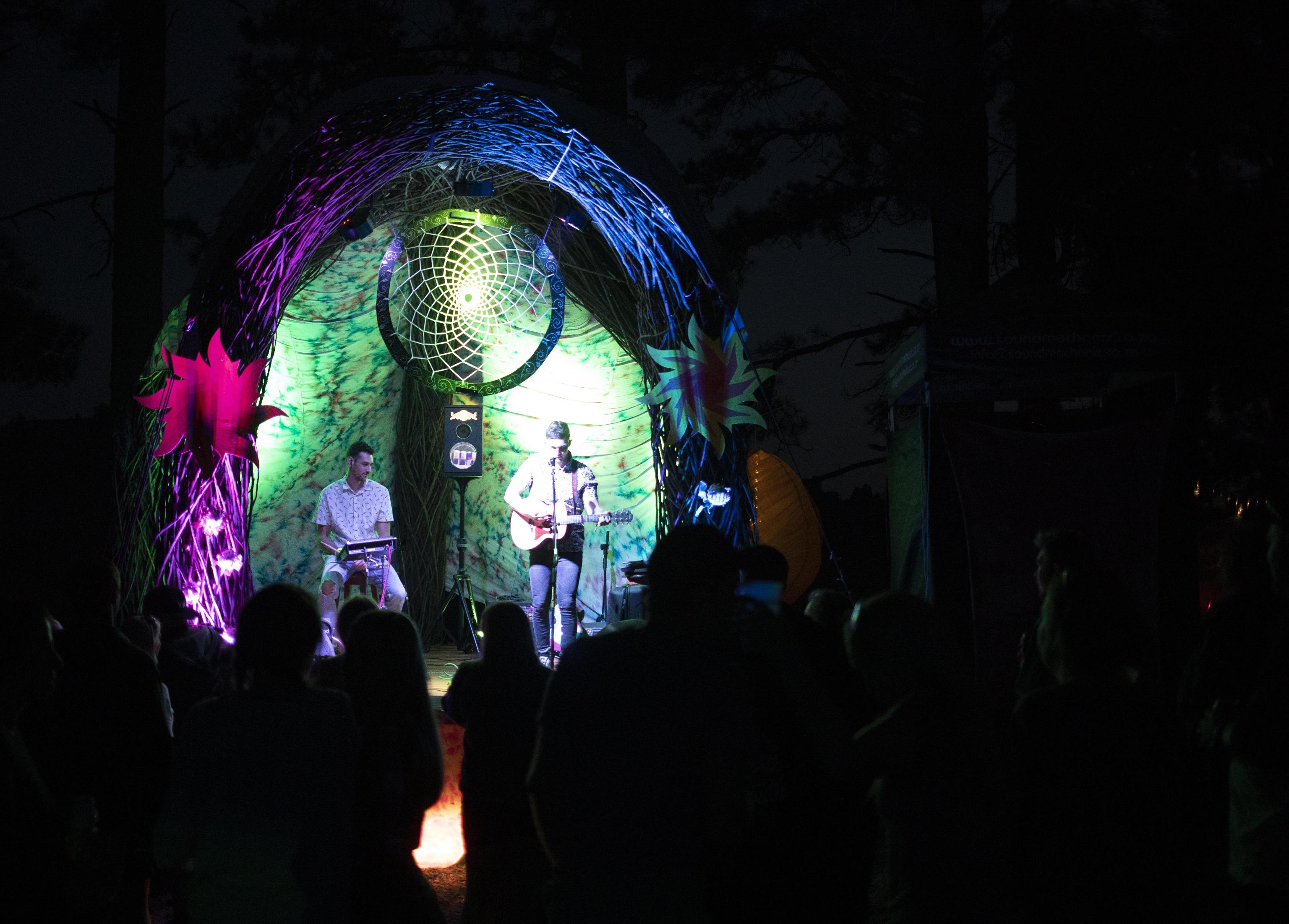 epa07517004 Artists perform at the 'Tree house Stage' during the annual Splashy Fen music festival, Underberg, South Africa, 19 April 2019 (issued 20 April 2019). The five day long festival is the oldest in the country and is celebrating its 30 year. The festival has four stages with various music styles, morning yoga sessions, artworks, trail running, holistic lifestyle events, stalls etc.  EPA/KIM LUDBROOK