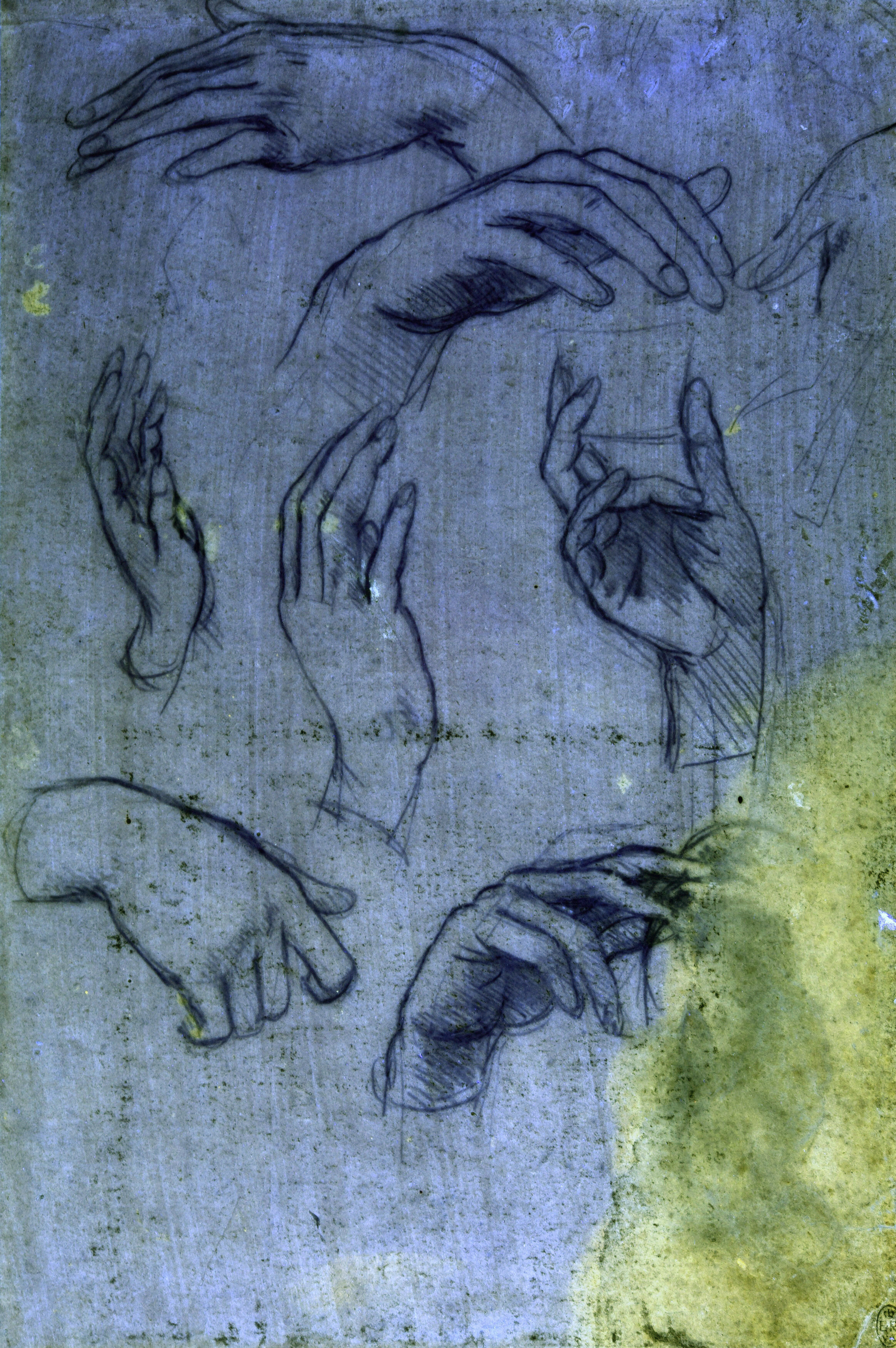 This undated handout provided by The Royal Collection Trust shows studies of hands for the Adoration of the Magi, by Leonardo da Vinci , as seen under ultraviolet light which forms part of the Royal Collection, at Windsor Castle in Windsor, England. The newly identified sketch will go on public display for the first time later this month in Leonardo da Vinci: A Life in Drawing at The Queen's Gallery, Buckingham Palace in London between May 24 - Oct. 13, 2019. (The Royal Collection Trust via AP)