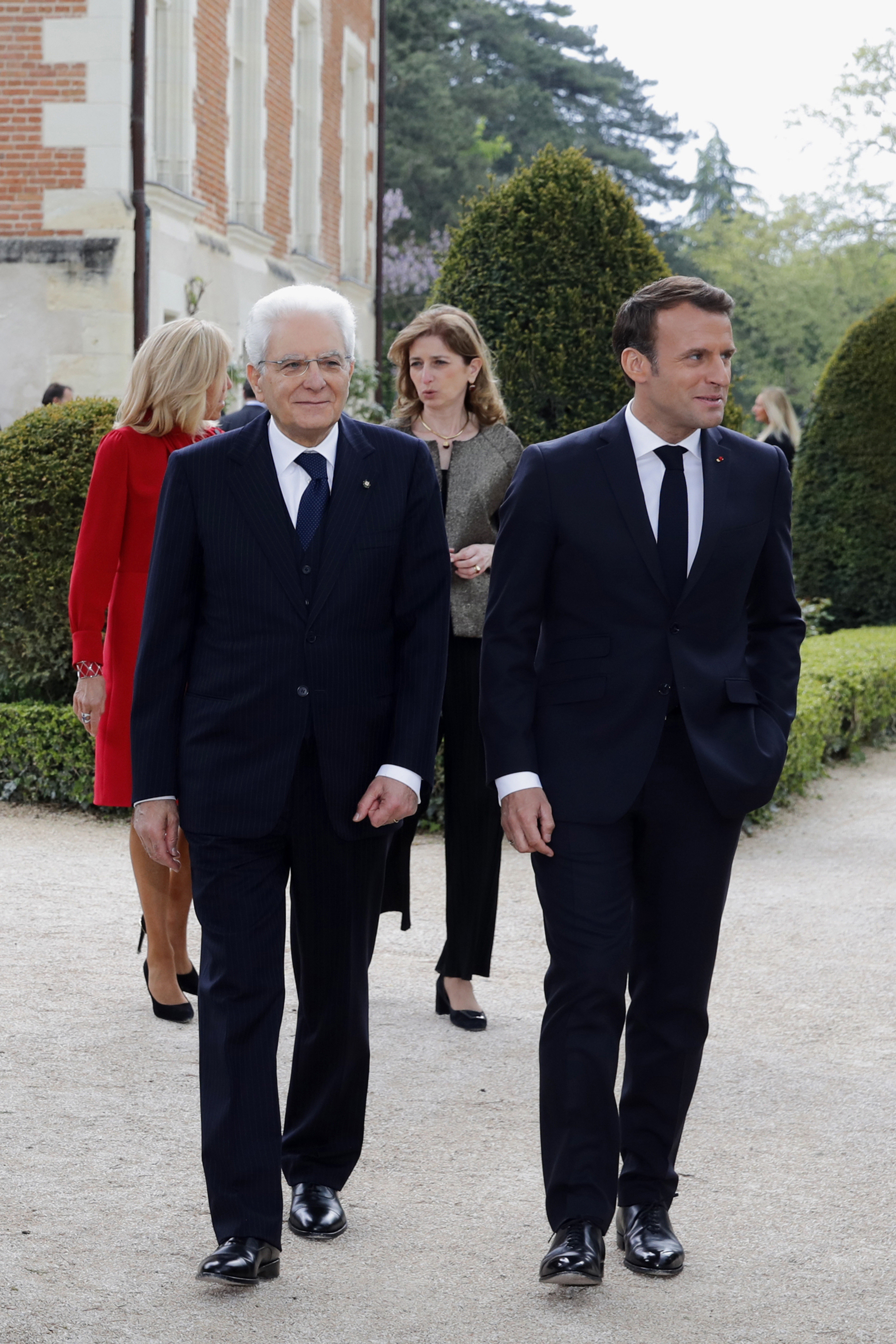 French President Emmanuel Macron, his wife Brigitte Macron, Italian President Sergio Mattarella and his daughter Laura Mattarella visit the Chateau du Clos Luce as part of a visit to commemorate the 500th anniversary of the death of Italian renaissance painter and scientist Leonardo da Vinci, in Amboise, south of Paris, France, Wednesday, May 2, 2019. (Philippe Wojazer, Pool via AP)