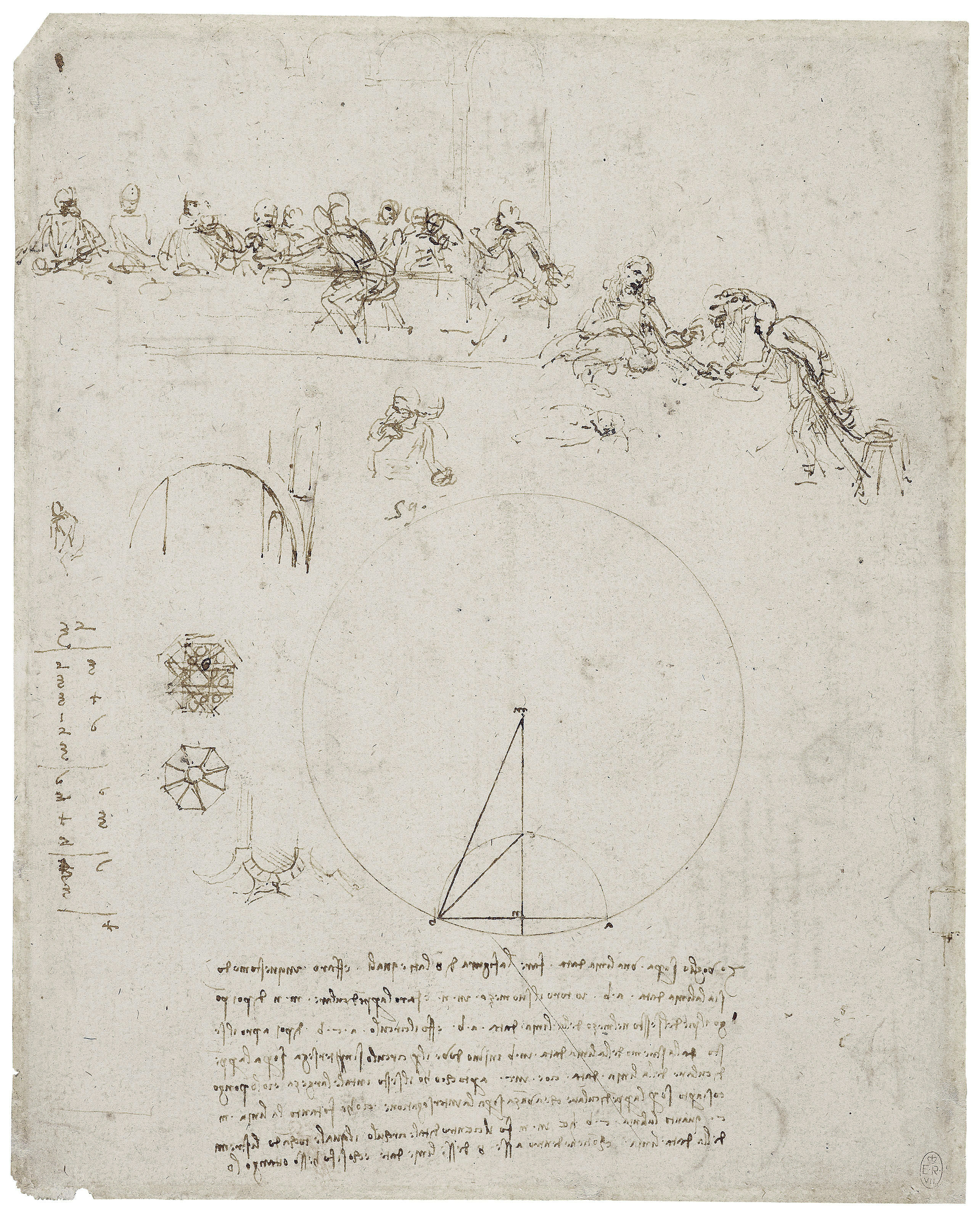 This undated handout provided by The Royal Collection Trust shows sketches for the Last Supper, and other studies by Leonardo da Vinci which forms part of the Royal Collection, at Windsor Castle in Windsor, England. The newly identified sketch will go on public display for the first time later this month in Leonardo da Vinci: A Life in Drawing at The Queen's Gallery, Buckingham Palace in London between May 24 - Oct. 13, 2019. (The Royal Collection Trust via AP)