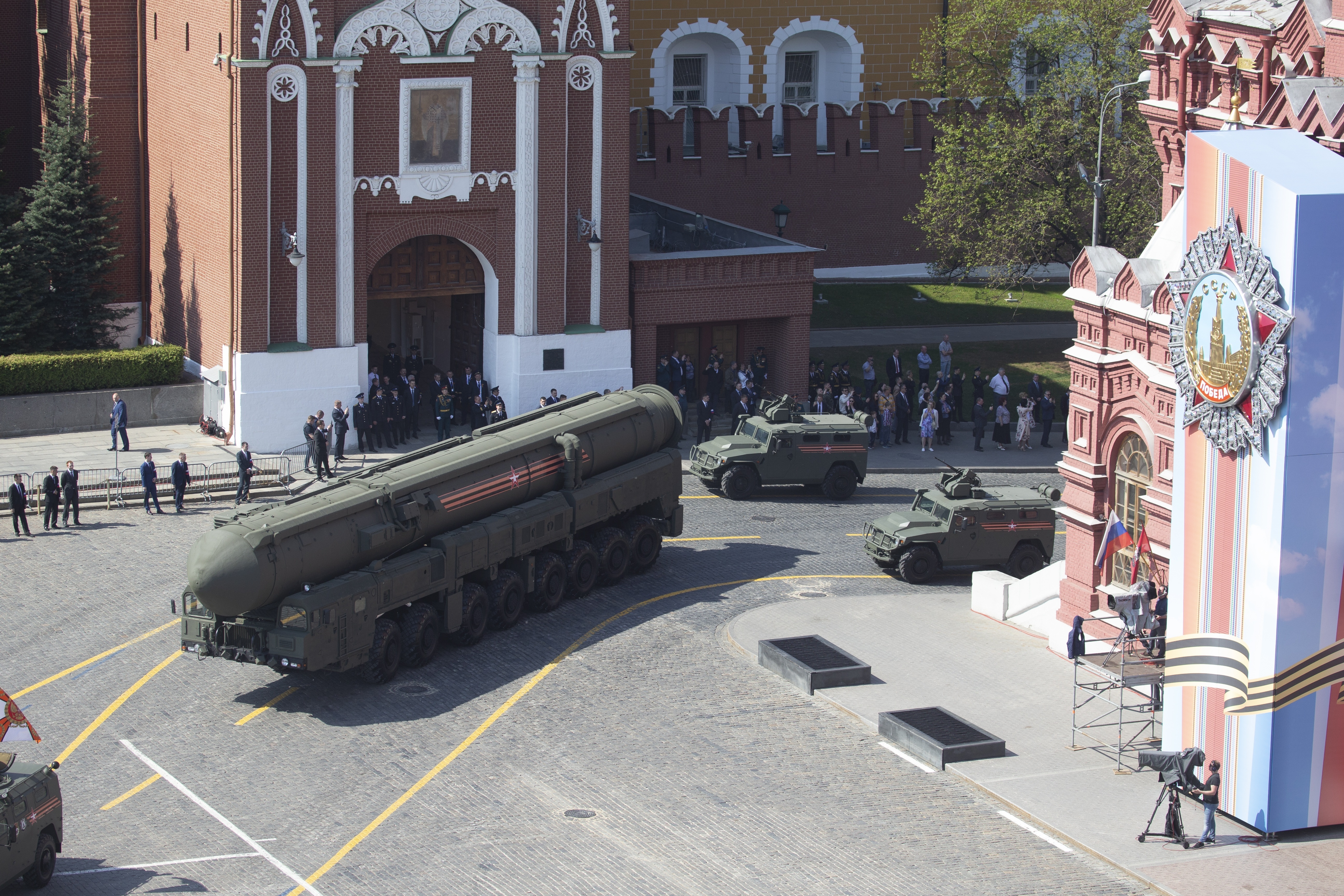 A Russian military Topol M intercontinental ballistic missile launcher roll down Red Square during a rehearsal for the Victory Day military parade in Moscow, Russia, Tuesday, May 7, 2019 . The parade will take place at Moscow's Red Square on May 9 to celebrate 74 years of the victory in WWII. (AP Photo/Alexander Zemlianichenko, Pool)