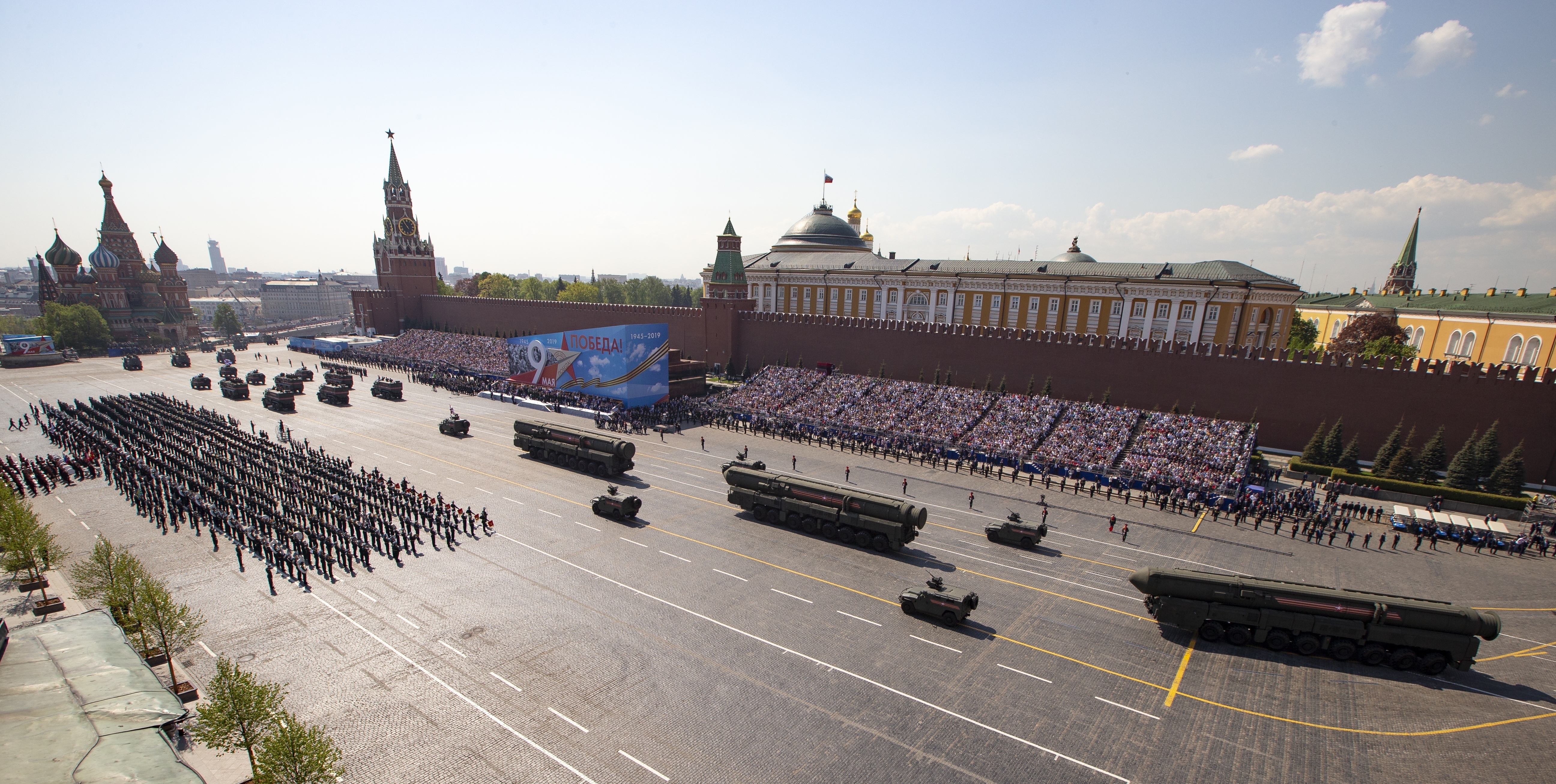 Russian military vehicles and Topol M intercontinental ballistic missile launchers roll down Red Square Red Square during a rehearsal for the Victory Day military parade in Moscow, Russia, Tuesday, May 7, 2019 . The parade will take place at Moscow's Red Square on May 9 to celebrate 74 years of the victory in WWII. (AP Photo/Alexander Zemlianichenko, Pool)