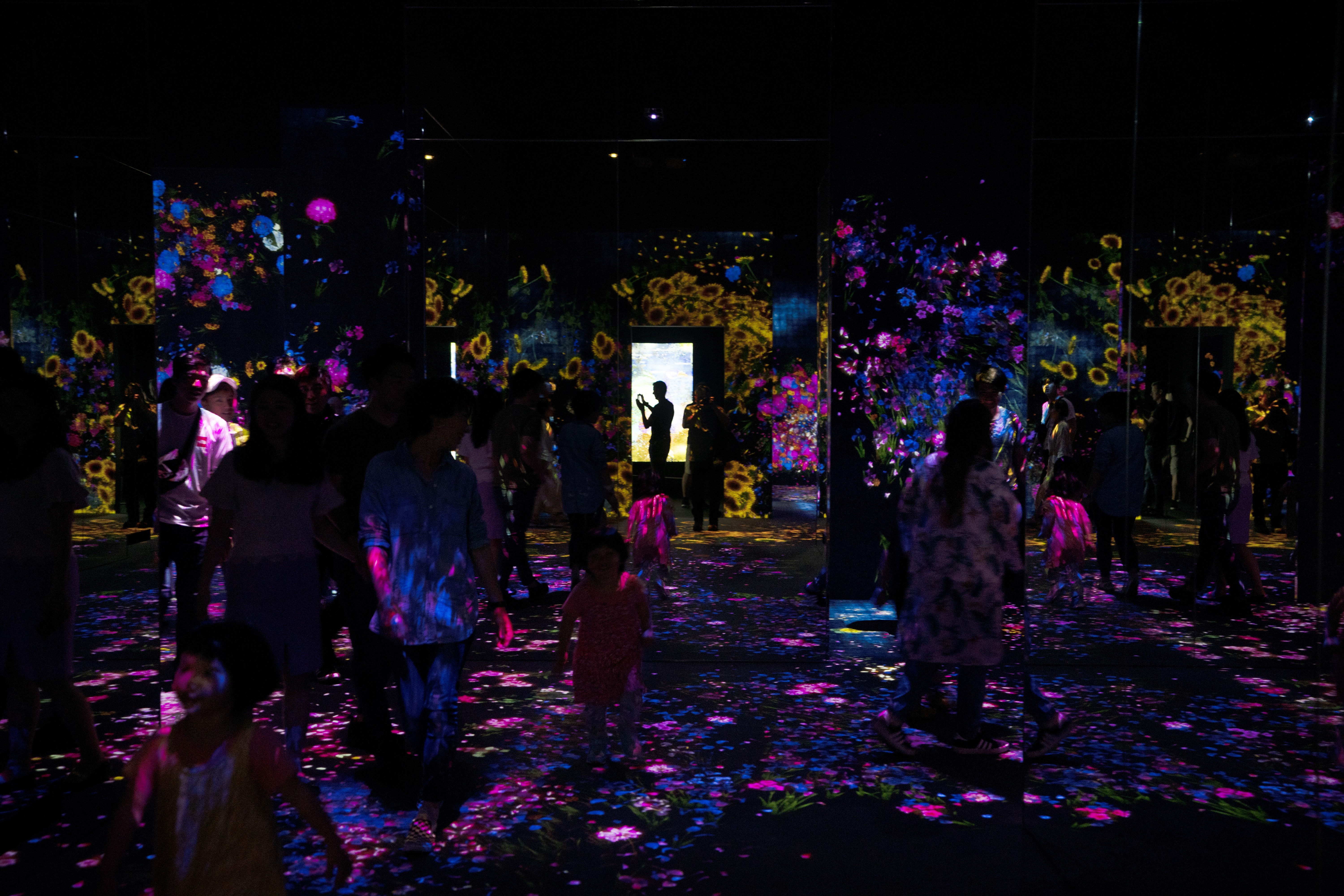 Visitors look at a digital art installation called 
