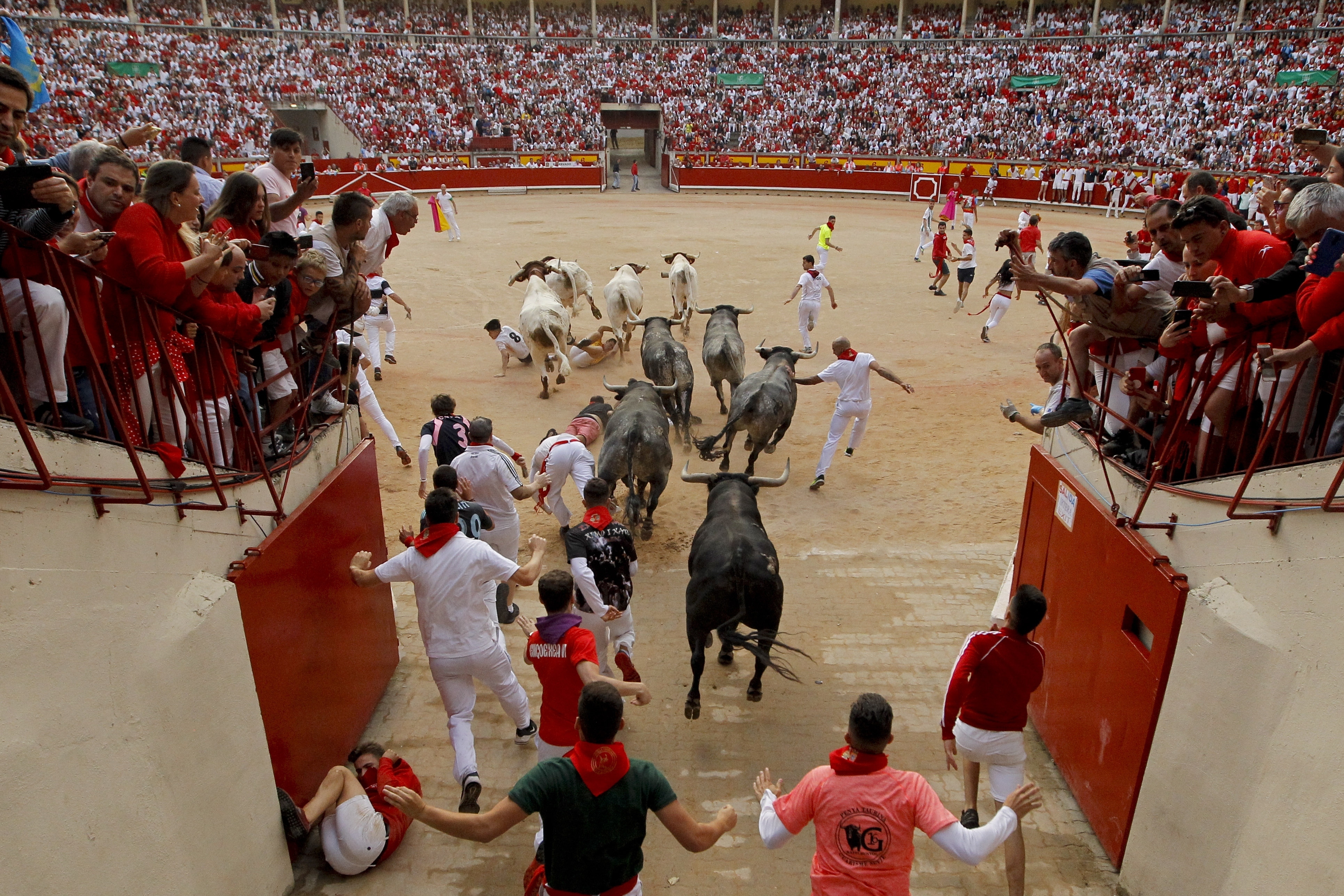Revellers and fighting bulls arrive at the bullring during the running of the bulls at the San Fermin Festival, in Pamplona, northern Spain, Sunday, July 14, 2019. The San Fermin fiesta made internationally famous by Ernest Hemingway in his novel 