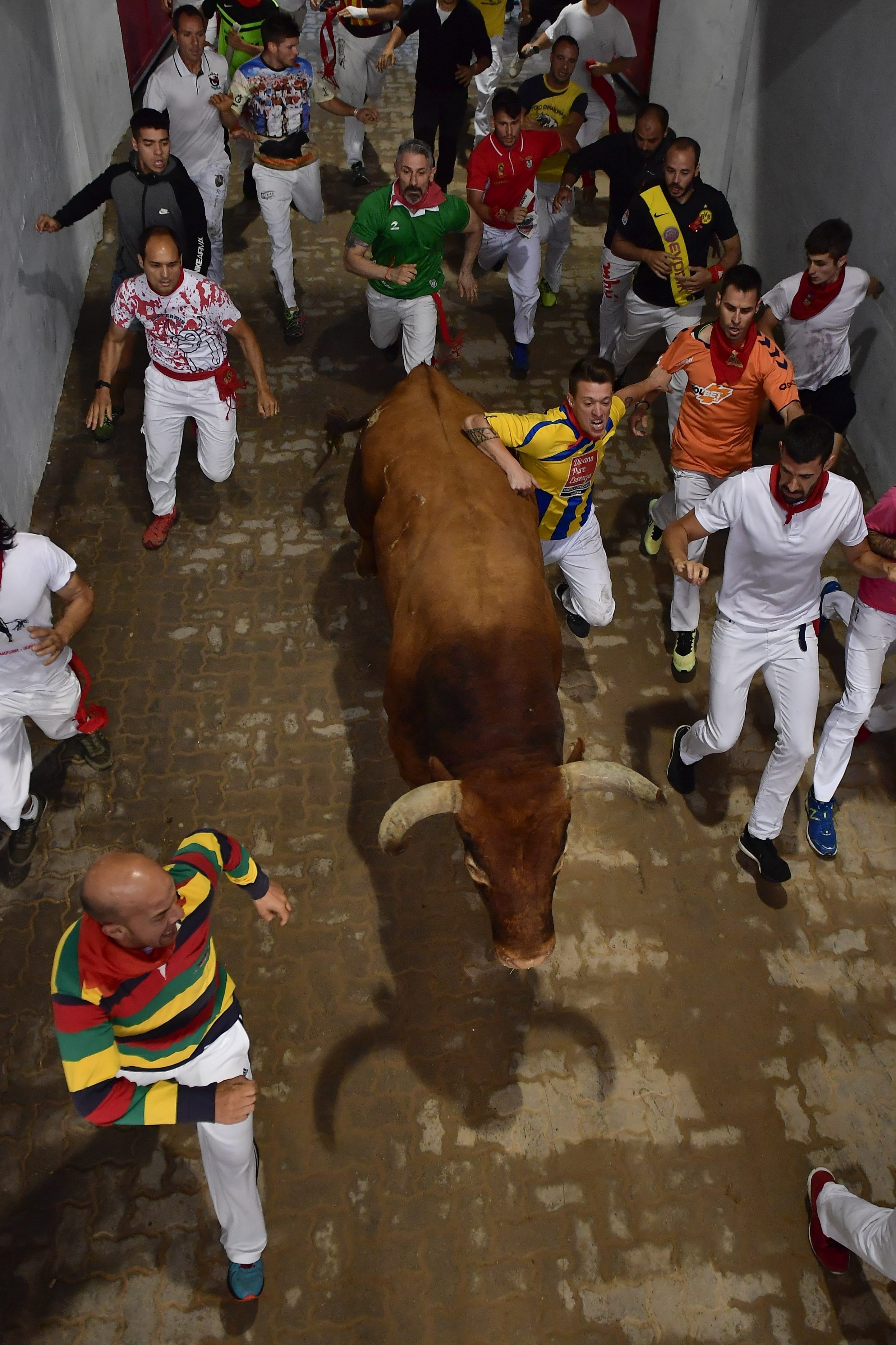 Revellers run next to a fighting bull during the running of the bulls at the San Fermin Festival, in Pamplona, northern Spain, Sunday, July 14, 2019. The San Fermin fiesta made internationally famous by Ernest Hemingway in his novel 