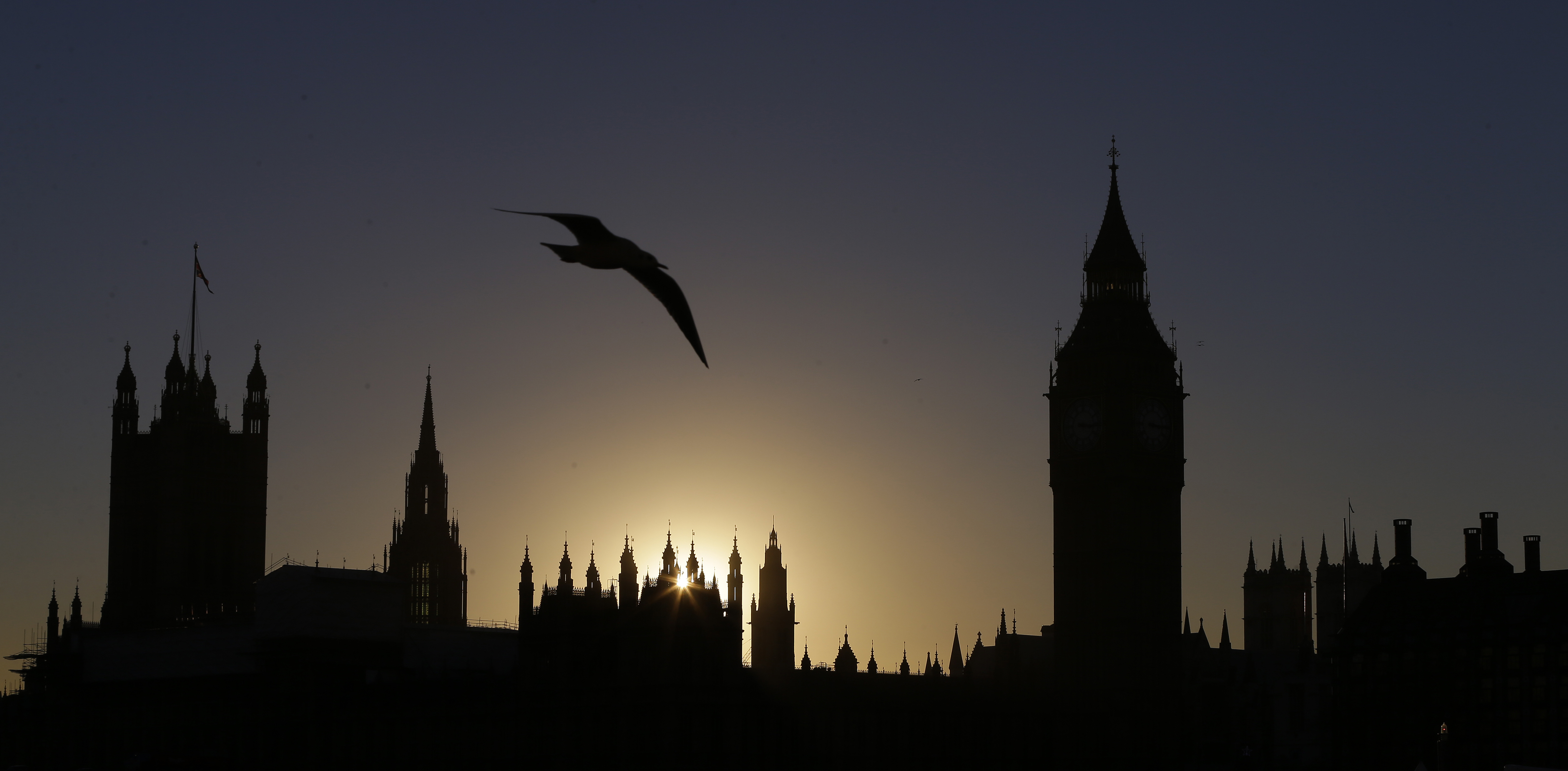 A seagull flies on the south bank of the River Thames, across the river from the Palace of Westminster, and the Elizabeth Tower which contains the ball known as Big Ben, as the sun sets in London, Tuesday, Nov. 29, 2016. (AP Photo/Alastair Grant)
