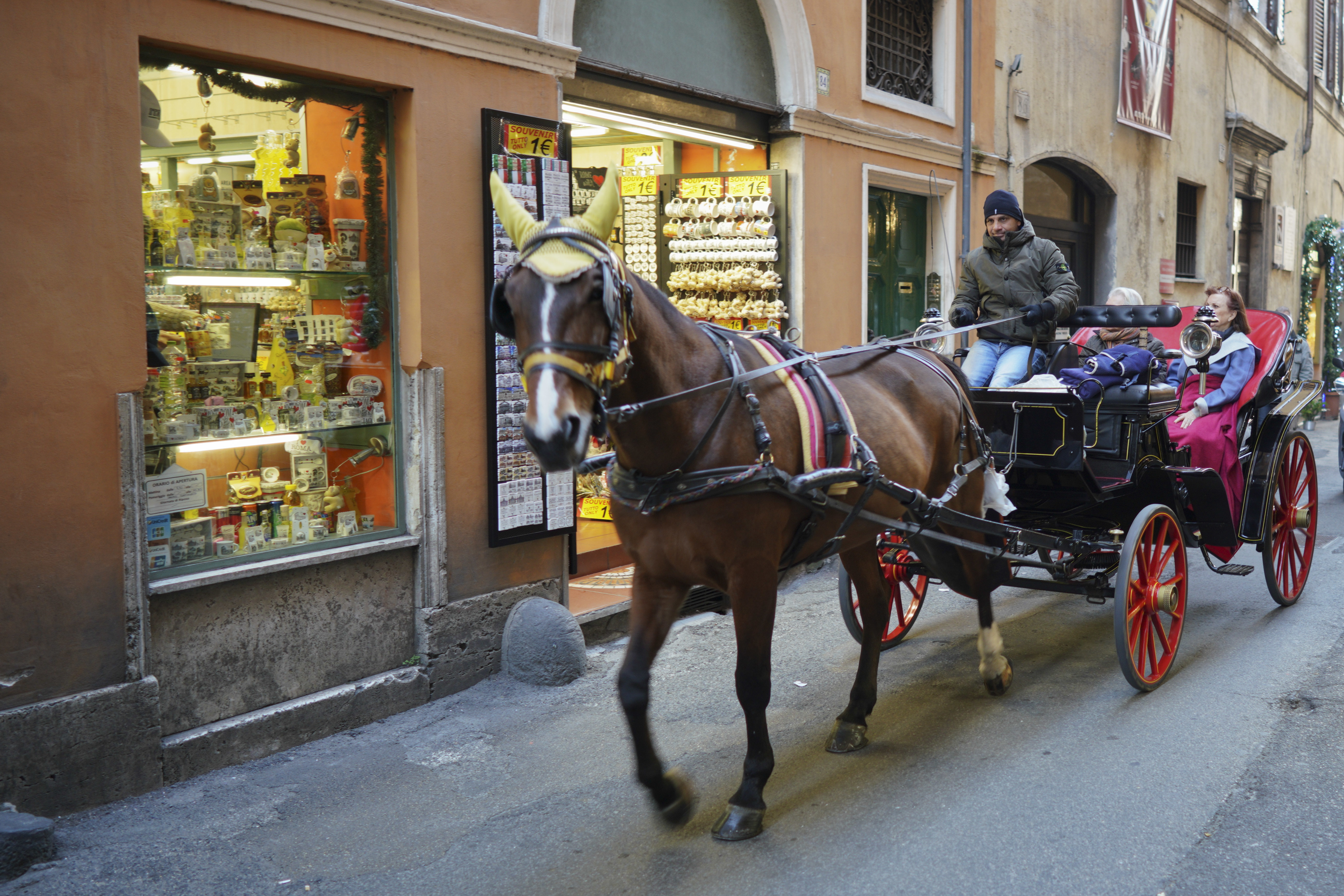 A horse pulls a botticella, a traditional Roman touristic horse-driven carriage, along an alley in downtown Rome, Monday, Jan. 7, 2019. (AP Photo/Andrew Medichini)