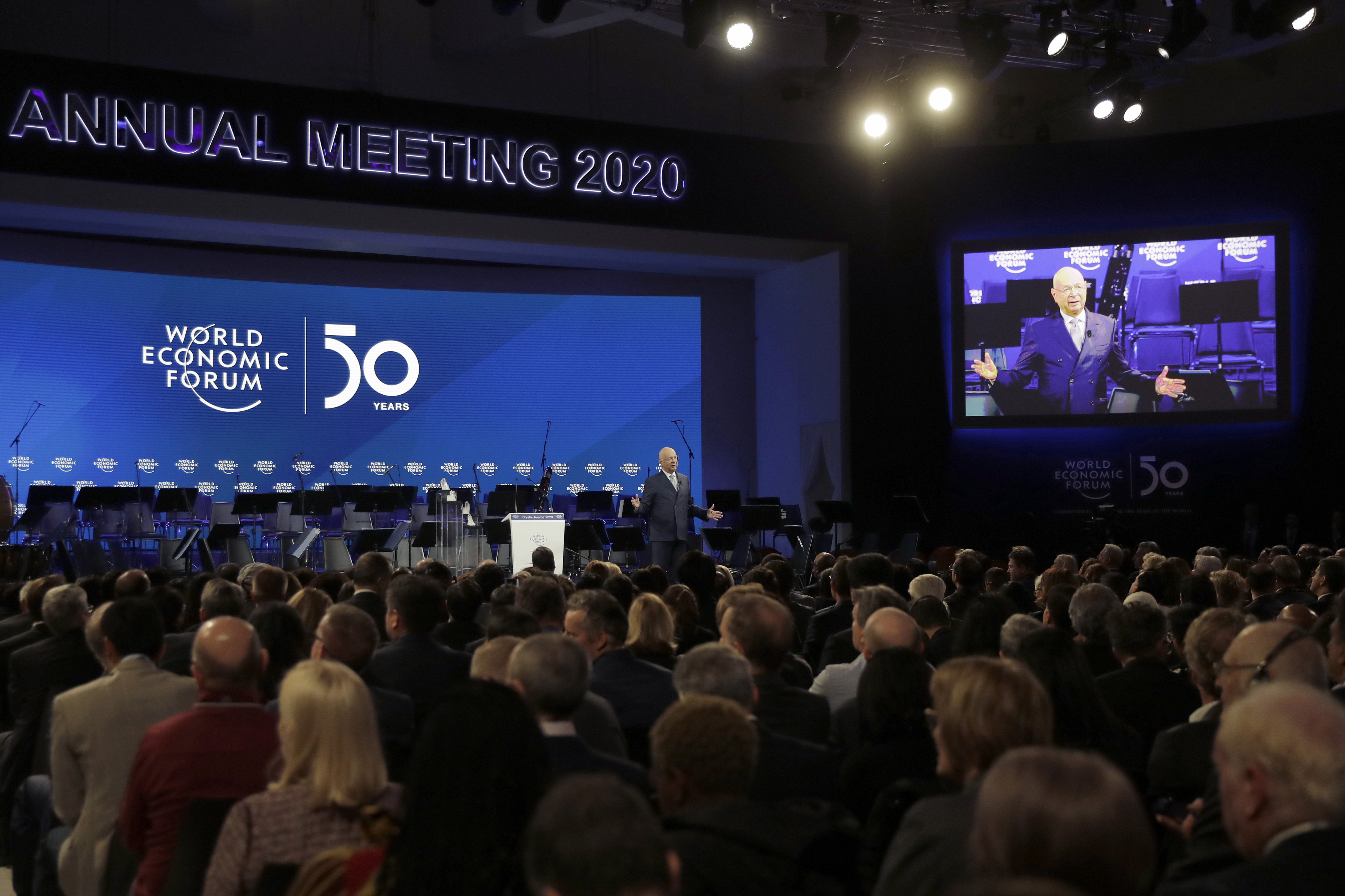 Klaus Schwab, founder of the World Economic Forum, delivers a welcome message on the eve of the annual meeting of the World Forum in Davos, Switzerland, Monday, Jan. 20, 2020. The 50th annual meeting of the forum will take place in Davos from Jan. 21 until Jan. 24, 2020. (AP Photo/Markus Schreiber)